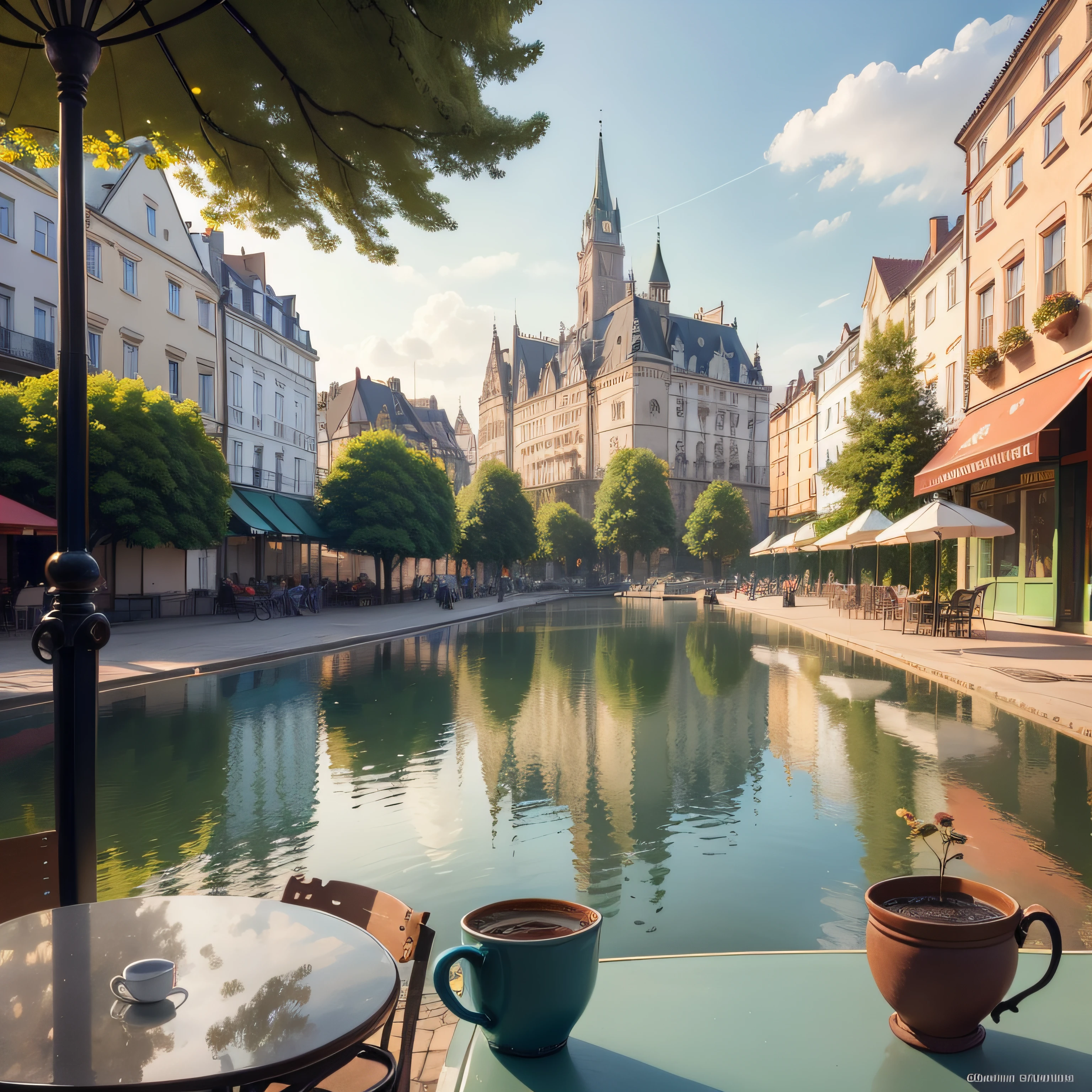 watercolor image, a one-color cup with coffee and a cake close-up on a table in a park in a street cafe, the city of Koenigsberg in Prussia, a beautiful park pool and an art nouveau fountain in it, beautiful facades with shop windows are visible in the background in the distance, and in the background on the plan, you can see in the haze a barely distinguishable outline of the royal castle, a variety of flowering plants in outdoor flowerpots, forged lanterns, park paths made of paving stones, plinths, summer rain, reflection in the water, the atmosphere of a prosperous European modern city with the architecture of the Middle Ages and 18-19 centuries