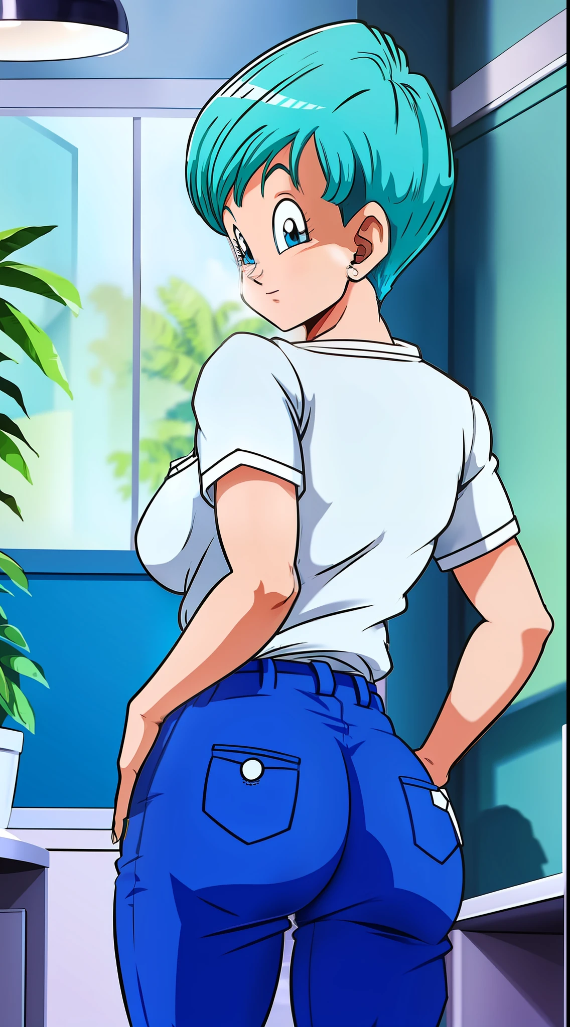 Bulma dressed in blue pants and white shirt showing off her ass in a back position, bunda detalhada, bunda volumosa,focar na bunda, sapatos detalhados, corpo detalhado,focar nas costas, rosto detalhado, roupa detalhada,Full HD,Desenho anime,detailed shirt , Detailed pants