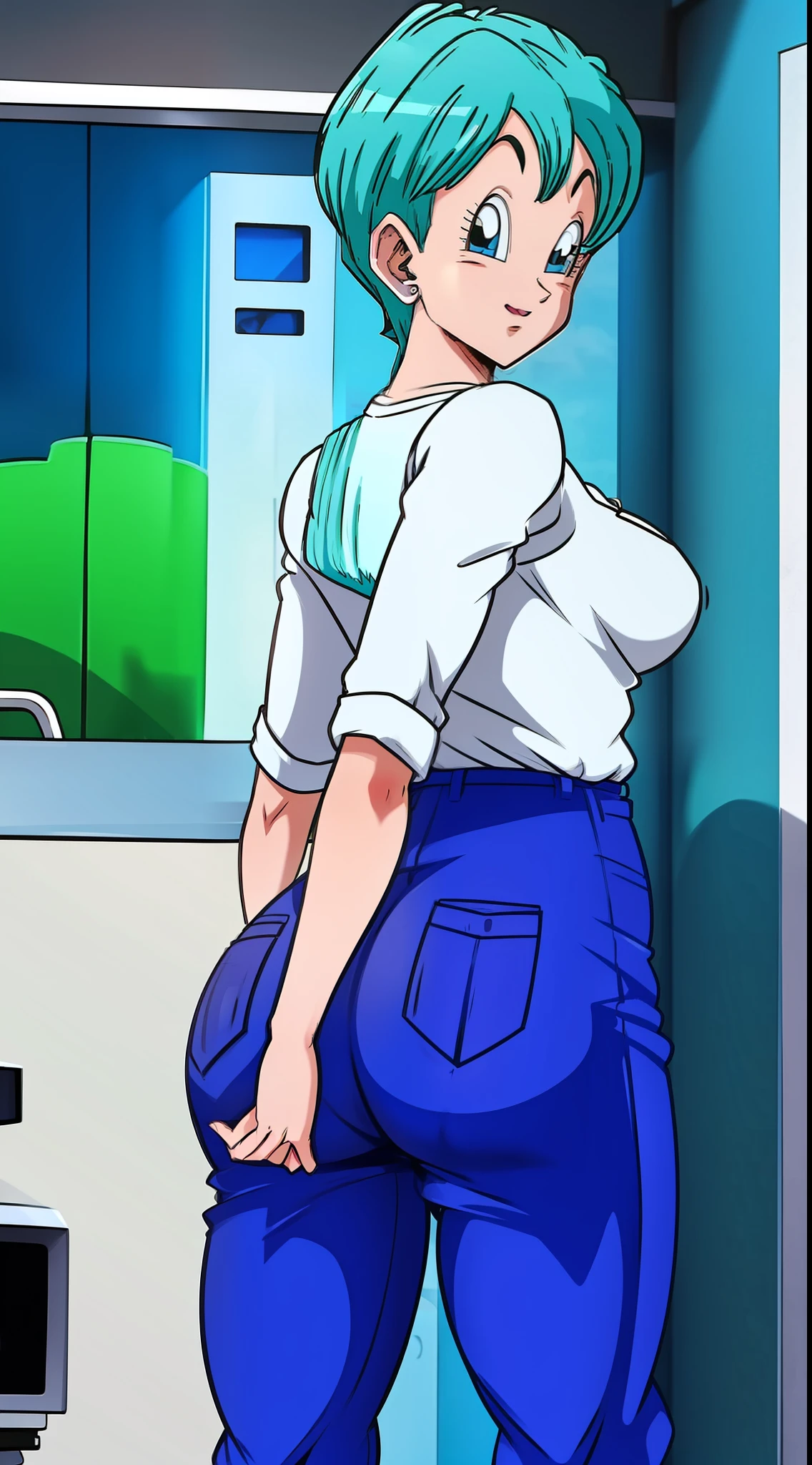 Bulma dressed in blue pants and white shirt showing off her ass in a back position, bunda detalhada, bunda volumosa,focar na bunda, sapatos detalhados, corpo detalhado,focar nas costas, rosto detalhado, roupa detalhada,Full HD,Desenho anime,detailed shirt , Detailed pants