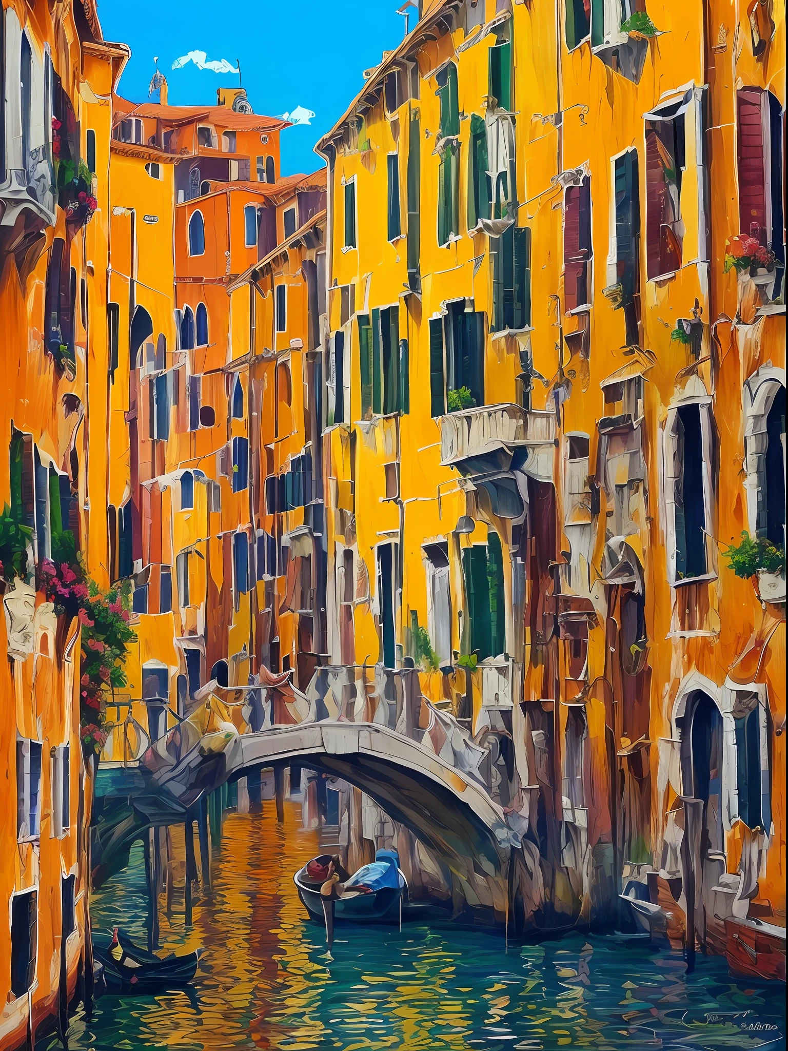 Watercolor painting, Venice, summer time, shade, in the style of Prafull Sawant.