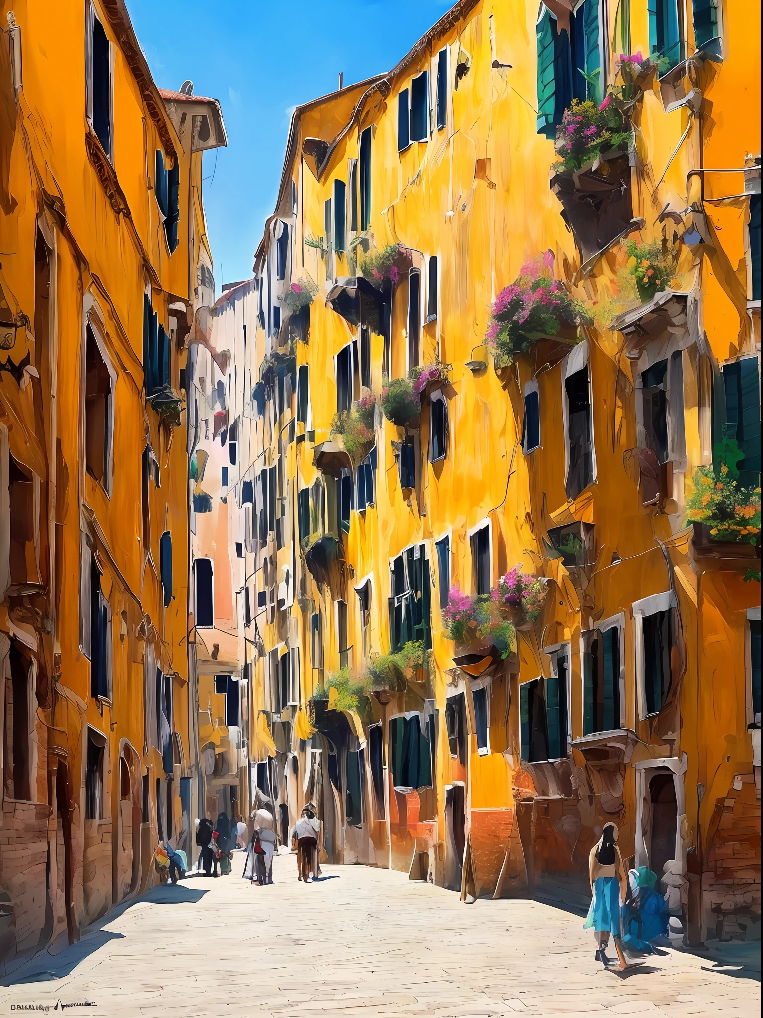 Watercolor painting, Venice, summer time, shade, in the style of Prafull Sawant.
