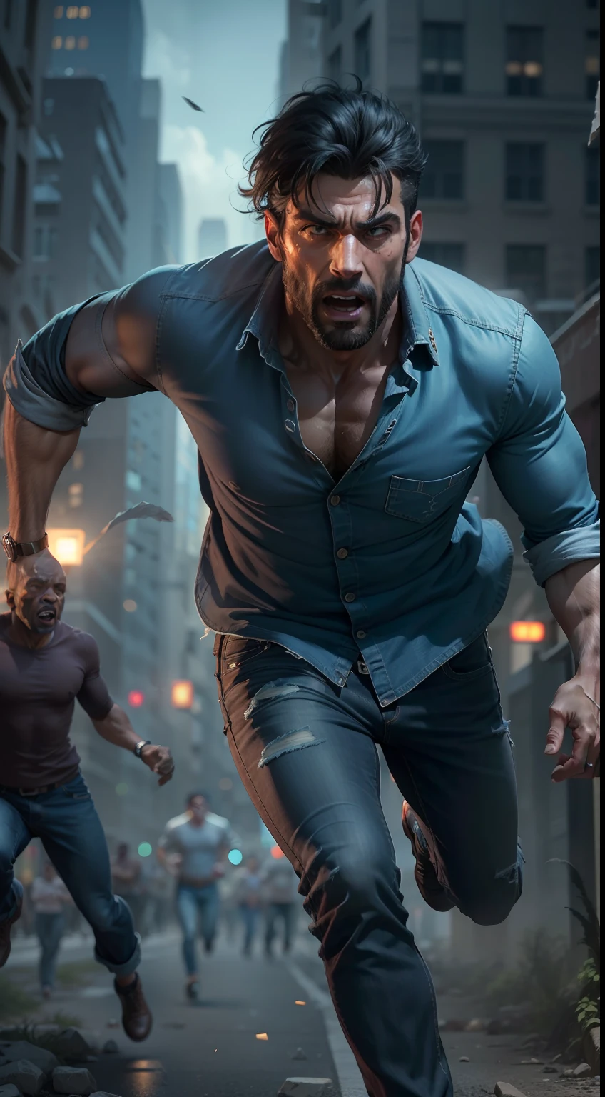 Ultra realistic image of a 36 year old, 8k, strong and athletic man, short black hair, dressed in a denim shirt and jeans, running and being chased by zombies in a city in chaos