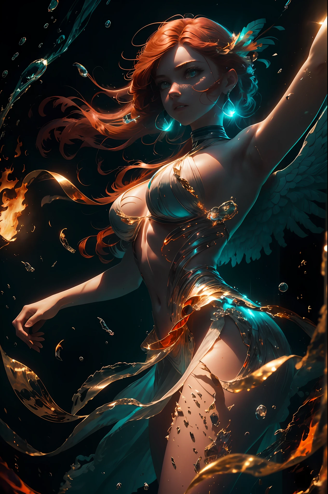 (movie still, portrait photo, full-body shot) of ( (1girl, angel, phoenix), ((25yo)), standing, beautiful face, perfect face, pale skin, beautiful detailed eyes, dark magenta eyes, [(medium (orange hair)) with ((electric turquoise) highlights)], feather earrings, wings on fire, tall, perfect body, dynamic pose, skin pores, nude, naked ), 8K UHD, HDR, DSLR, RAW, sharp focus, tack sharp, film grain, film photography, 100mm, ultra quality, ultra detailed, ultra realistic, subsurface scattering, indirect light, bloom, global illumination, ray-tracing, vray, unreal engine, octane render, masterpiece, [(oil painting, precise lineart, smooth):0.3], HQ, studio quality, Fujifilm XT3, ektachrome, perfect composition, simple background, dark fantasy, (horror), dark theme
