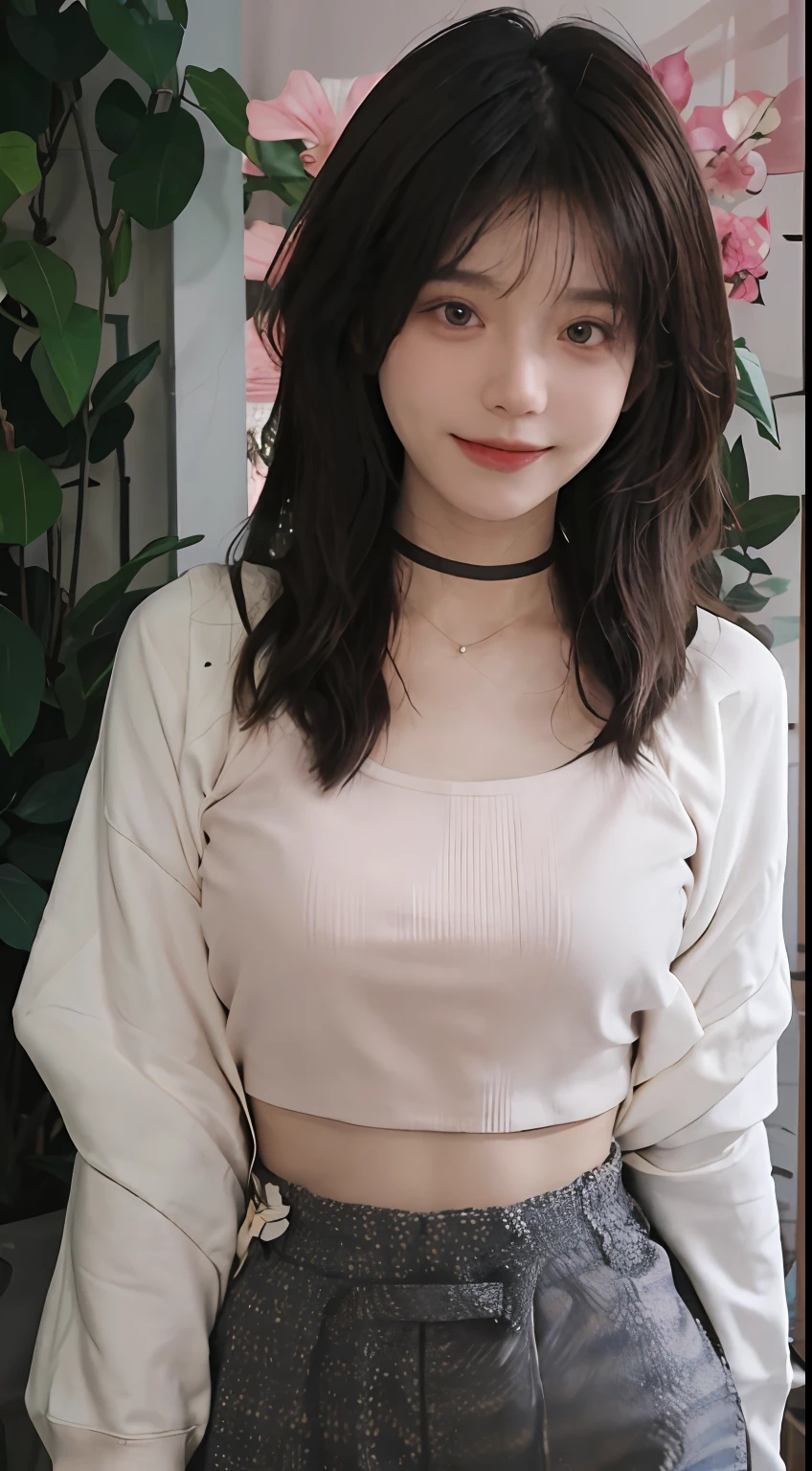 best qualtiy, 超高分辨率, (realisticlying:1.4),cute hairpin,Baoyu Girl,1girll, Beautiful woman with a slim figure:1.4, Abs:1.1, (A brown-haired, mideum breasts:1.3), Cropped pink sweatshirt:1.1, Flower shop,Ultra-fine face,Elaborate Eyes,二重まぶた,ssmile,choker necklace