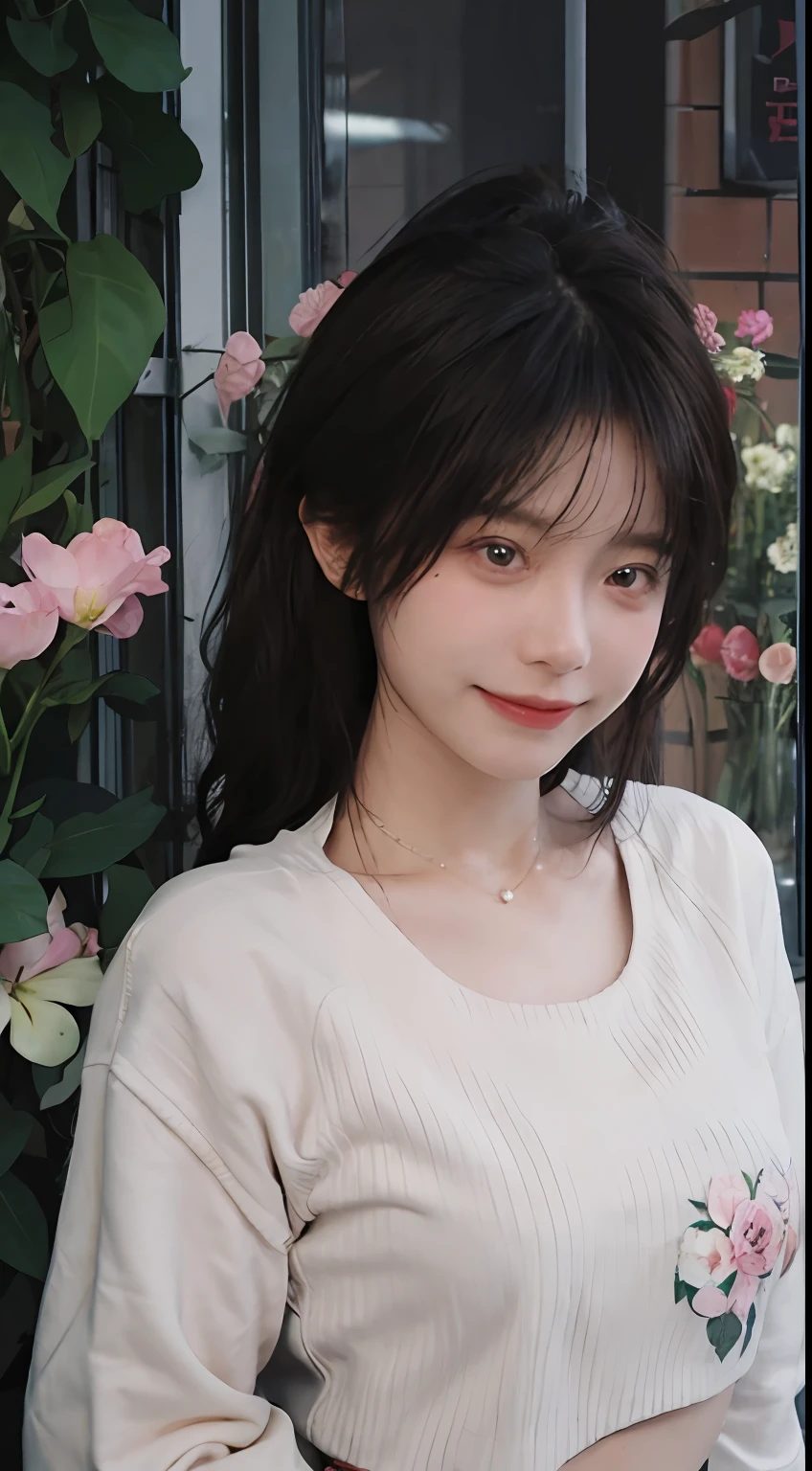 best qualtiy, 超高分辨率, (realisticlying:1.4),cute hairpin,Baoyu Girl,1girll, Beautiful woman with a slim figure:1.4, Abs:1.1, (A brown-haired, mideum breasts:1.3), Cropped pink sweatshirt:1.1, Flower shop,Ultra-fine face,Elaborate Eyes,二重まぶた,ssmile,choker necklace