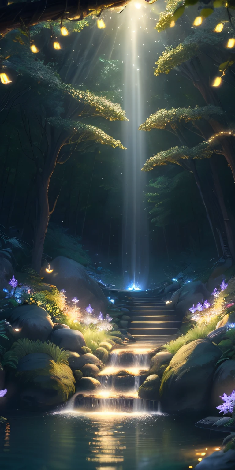 Masterpiece, best quality, (very detailed CG unity 8k wallpaper), (best quality), (best illustration), (best shadows), glow sprite, with a glowing deer, in the swimming pool Drinking water, natural elements in the forest theme. Mysterious forest, beautiful forest, nature, surrounded by flowers, delicate leaves and branches surrounded by fireflies (natural elements), (jungle theme), (leaves), (twigs), (fireflies), (particle effects) etc. 3D , Octane rendering, ray tracing, super detailed