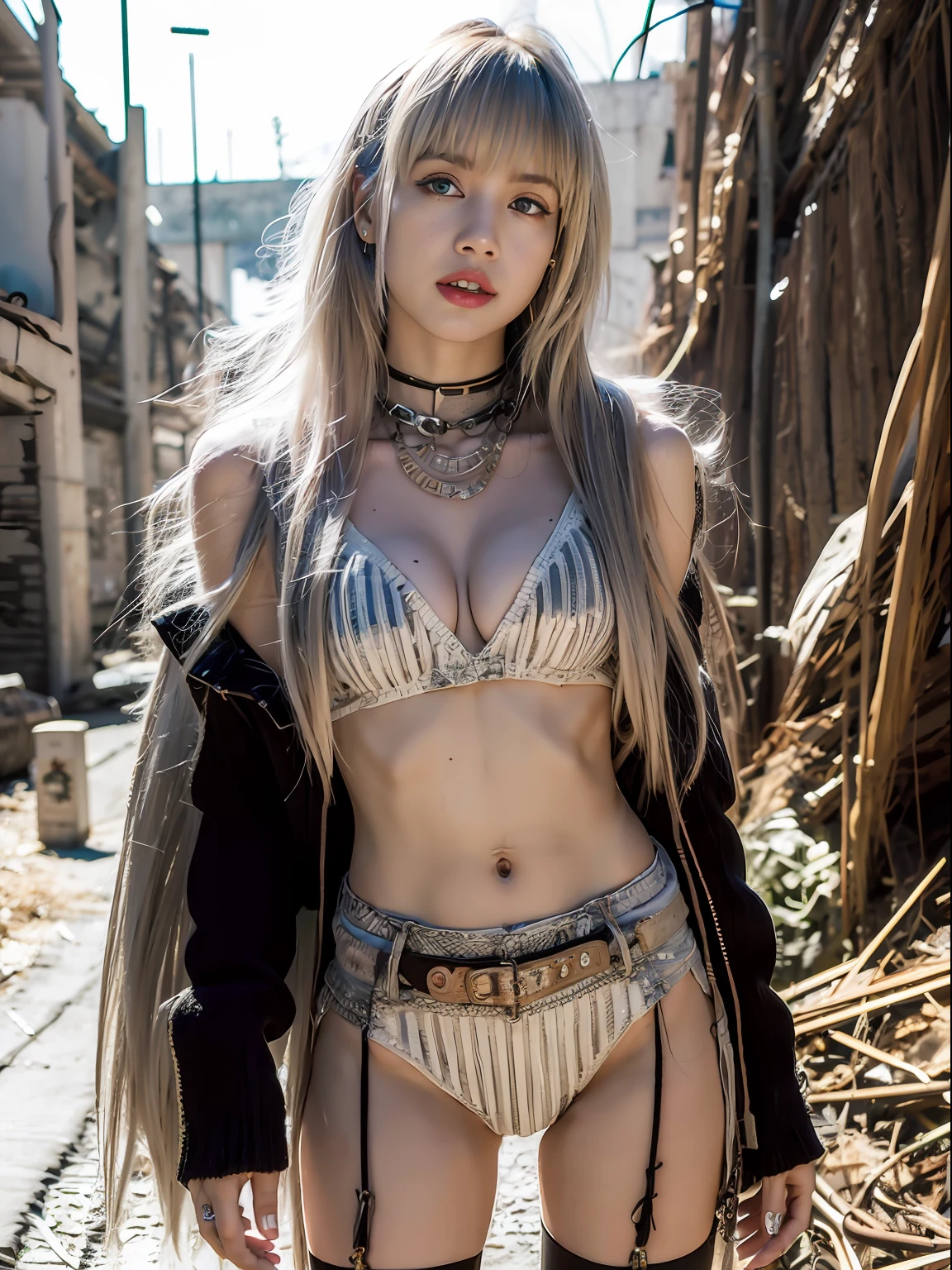 Lisa light yellow long hair, Lisa face shape, wearing wasteland punk costume, thin knitted clothing, ruins, sexy, bare waist, long legs, masterpiece, superlative, realistic, HD, natural sunlight, 16k