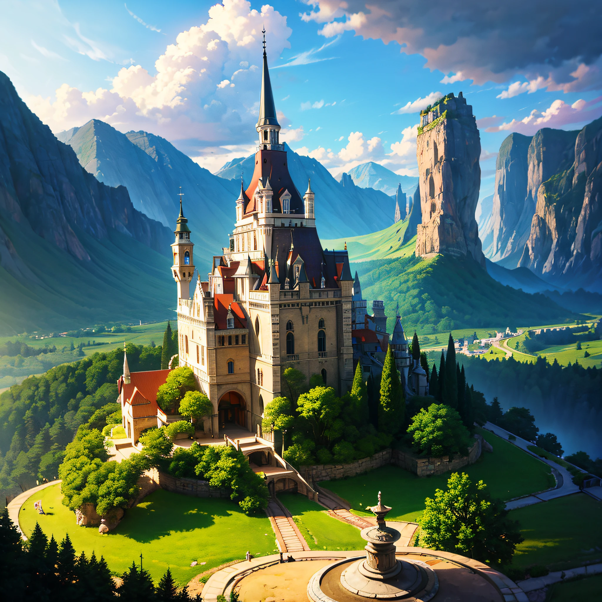 obra de arte, realismo, super detalhado, super realista, efeito de luz, studio, uma paisagem fantastica com castelo, fundo da imagem montanhas, sombrio, nuvens