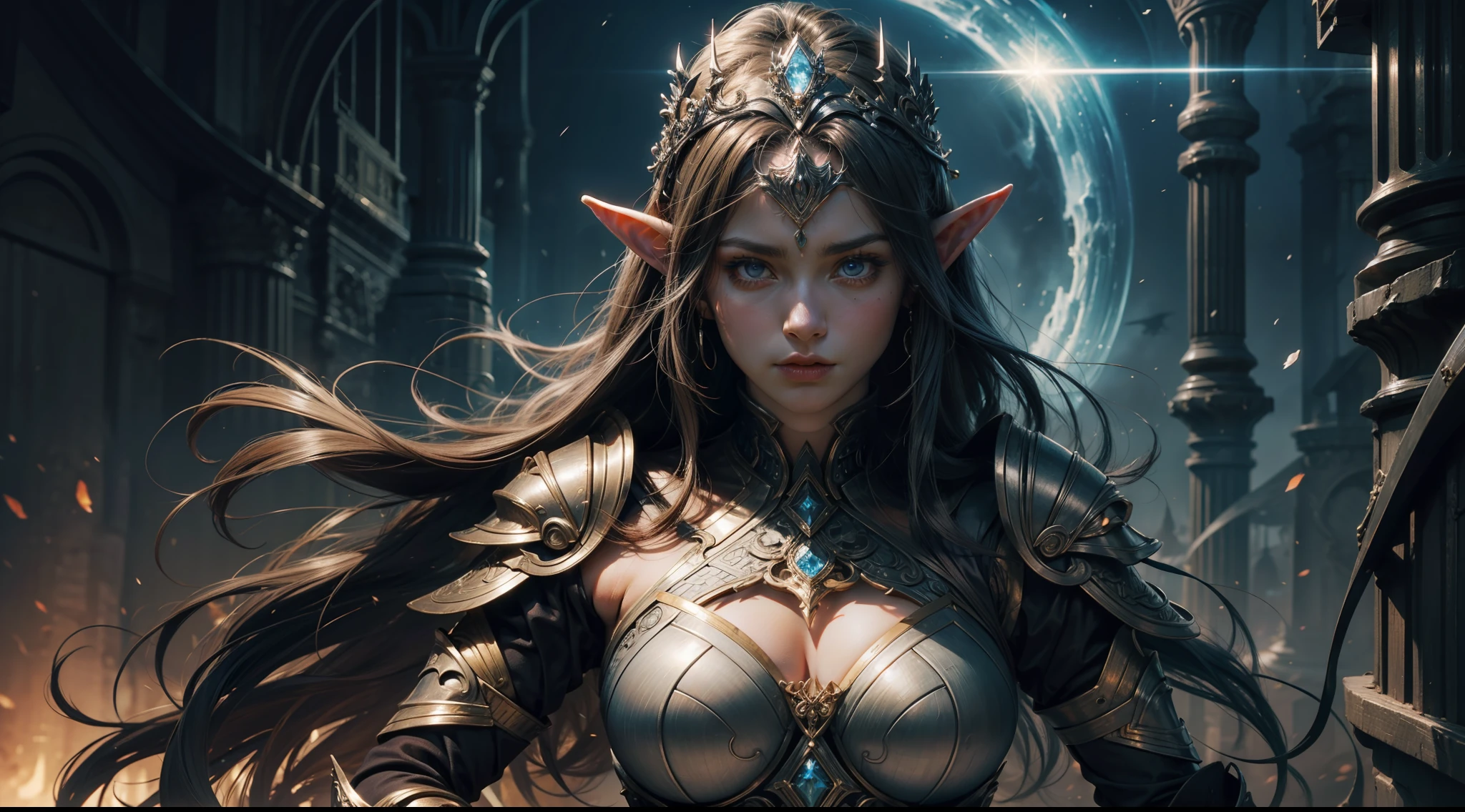(Award-winning digital artwork:1.3) af (sketching:1.3),(with dynamism:1.3),(Saturation:1.3),(Close portrait:1.3),(femele:1.4),(big breasts beautiful: 1.4),(carismatic:1.3),Female elf,Gorgeous armor,complex patterns,Perfect Detailed Eyes,The background is the battlefield,Large breasts,Film filter, ,dramatics,dynamicposes,illusory engine, (High detail: 1.9),mystic symbols,((Glowing sword)),