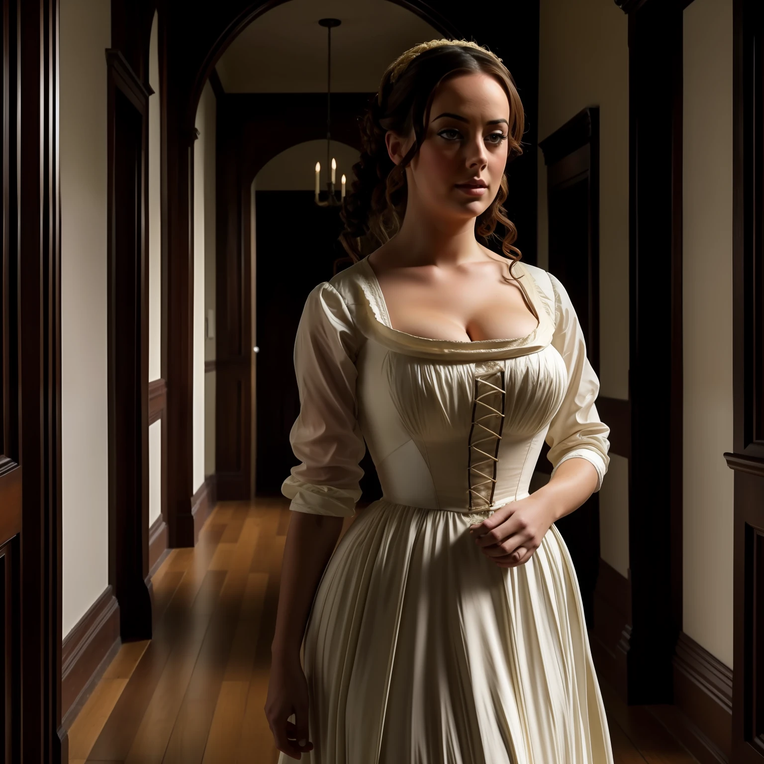 Lindsey Strutt dressed as Jane Eyre, windswept, hallway , curly hair