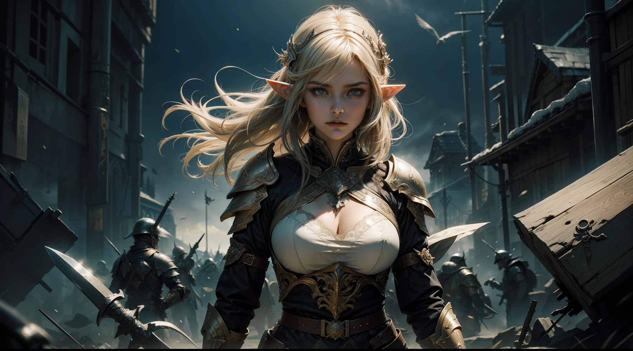 （Award-winning digital artwork：1.3） af （sketching：1.3），（with dynamism：1.3），（Saturation：1.3），（Close portrait：1.3），（femele：1.4），（big breasts beautiful： 1.4),(carismatic:1.3),Female elf，Gorgeous armor，complex patterns，Perfect Detailed Eyes，The background is the battlefield，Large breasts，Film filter, ，dramatics，dynamicposes，illusory engine， (High detail: 1.9)，mystic symbols，（（Glowing sword）），