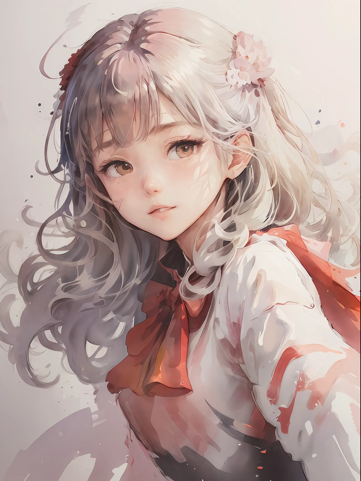 (masutepiece),best quality,Illustration,Art Nouveau,Sumi-e,Portrait,onry_1girl_Face,(White background:1.4),(the Extremely Detailed CG Unity 8K Wallpapers:1.1),(Colorful:0.8),,(Solo:1.2), (Ink splashing),(splashes of colour),((watercolor paiting)),flowers background,Outdoors,boulders,Soft smile,pure,(beautiful),Detailed and complex pattern,colorwater,(Face Focus),Looking at Viewer
