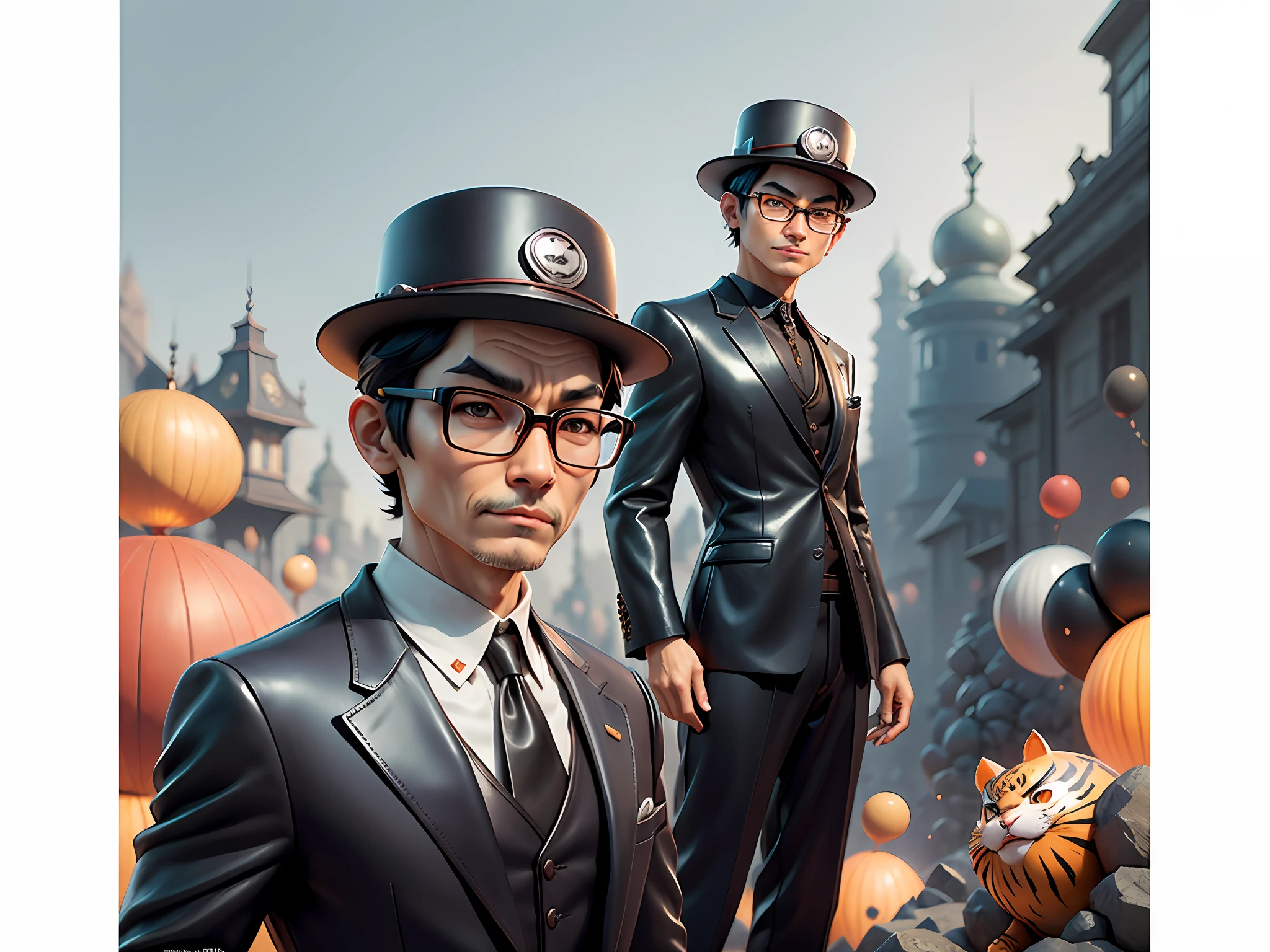 Young man with oriental face in leather hat, tiger, oriental face in formal suit, short black hair, silver glasses, digital painting, 3D character design by Mark Clairedon and Pixar and Hayao Miyazaki and Akira Toriyama, the illustration is a high-definition illustration in 4K resolution with very detailed facial features and cartoon-style visuals.