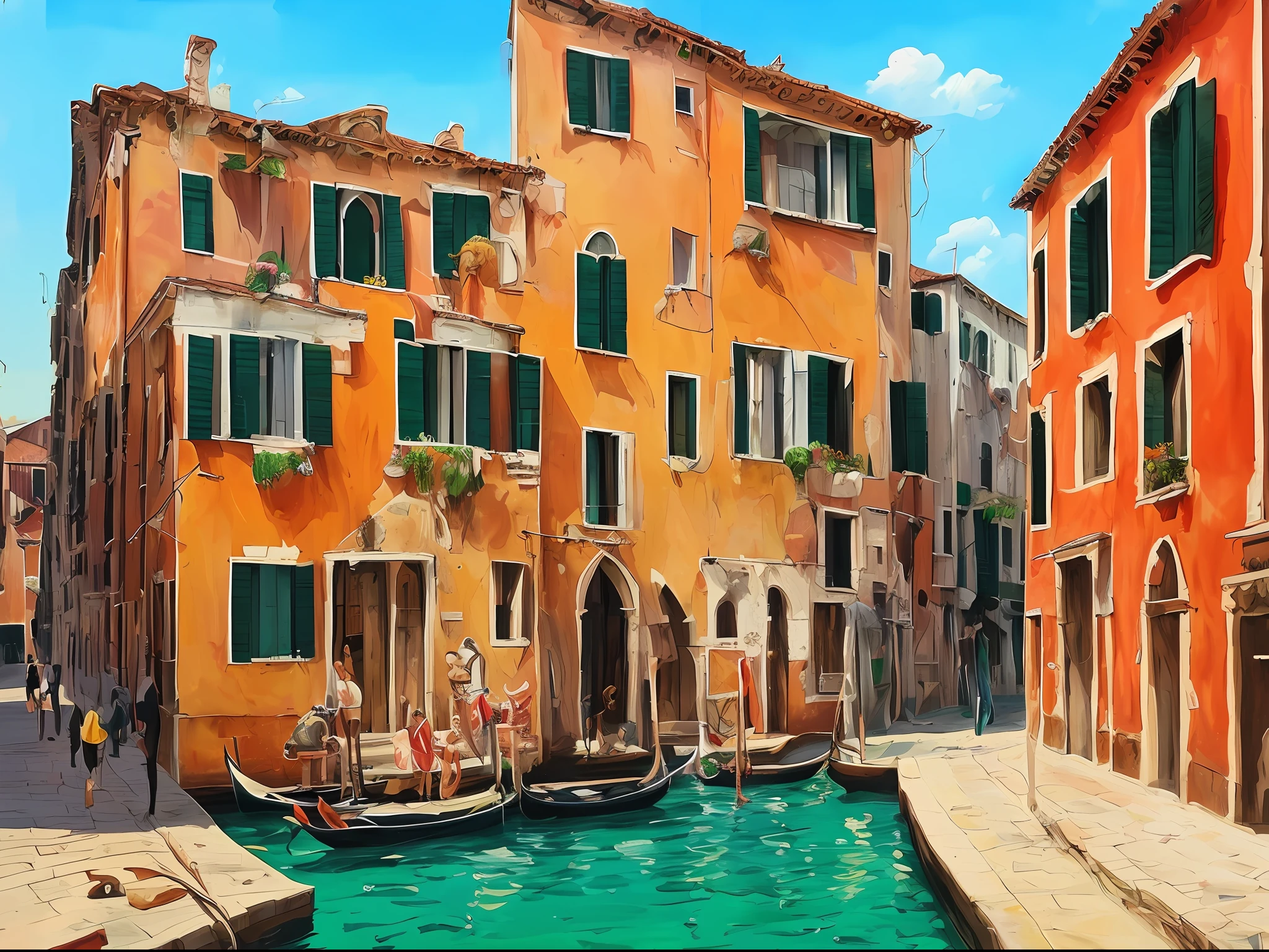 Watercolor painting, Venice, summer time, shade, in the style of Prafull Sawant.