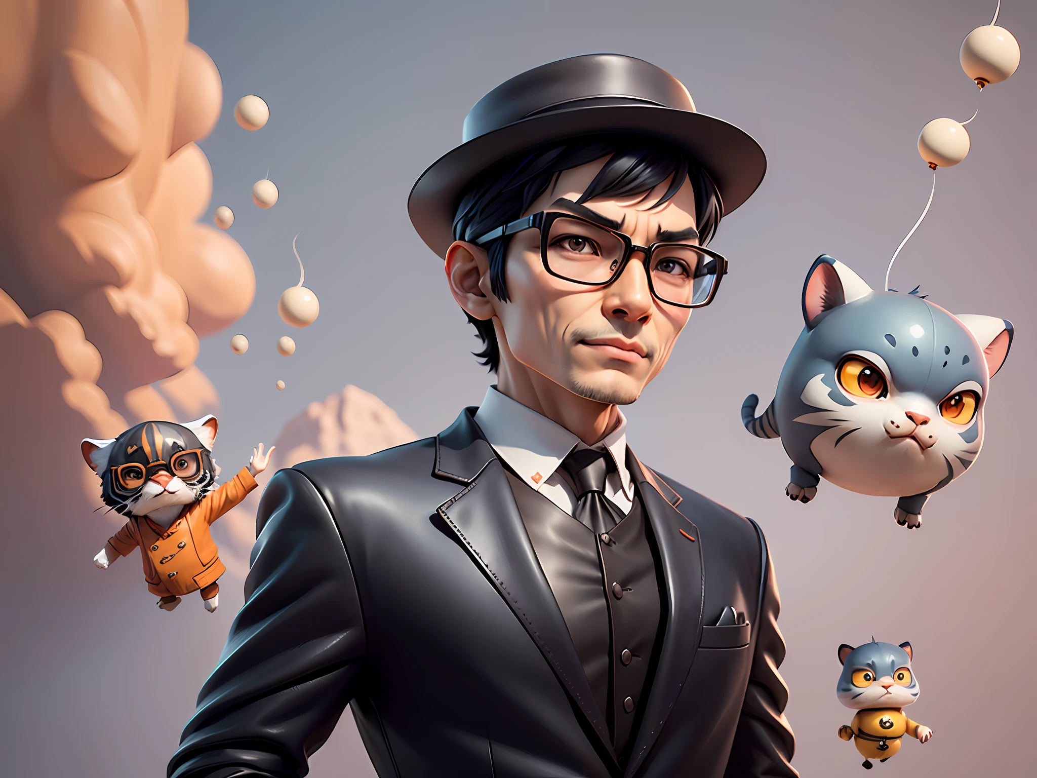 Young man with oriental face in leather hat, tiger, oriental face in formal suit, short black hair, silver glasses, digital painting, 3D character design by Mark Clairedon and Pixar and Hayao Miyazaki and Akira Toriyama, the illustration is a high-definition illustration in 4K resolution with very detailed facial features and cartoon-style visuals.