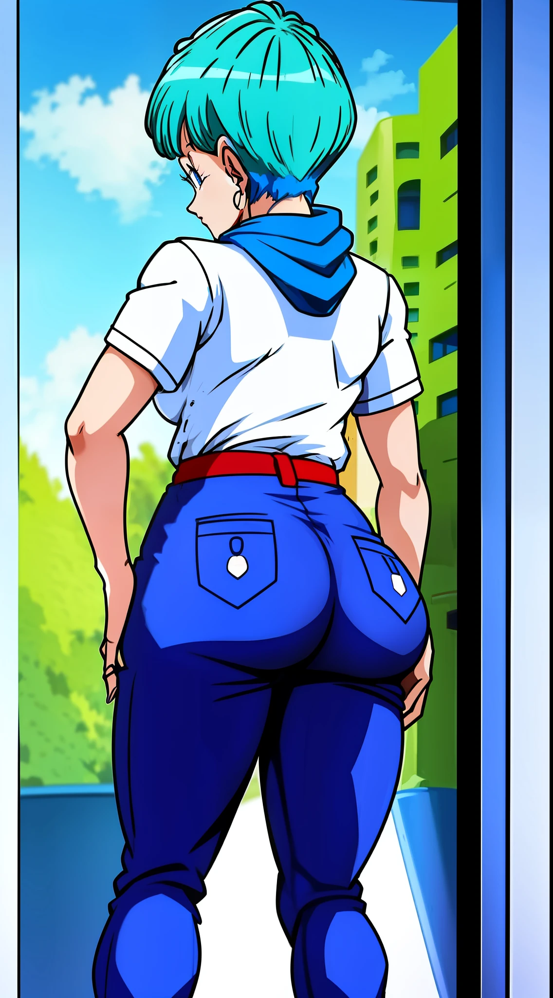 Bulma dressed in blue pants, white shirt and red scarf around his neck showing off his ass in a back position, bunda detalhada, bunda volumosa,focar na bunda, sapatos detalhados, corpo detalhado,focar nas costas, rosto detalhado, roupa detalhada,Full HD,Desenho anime,detailed shirt , Detailed pants