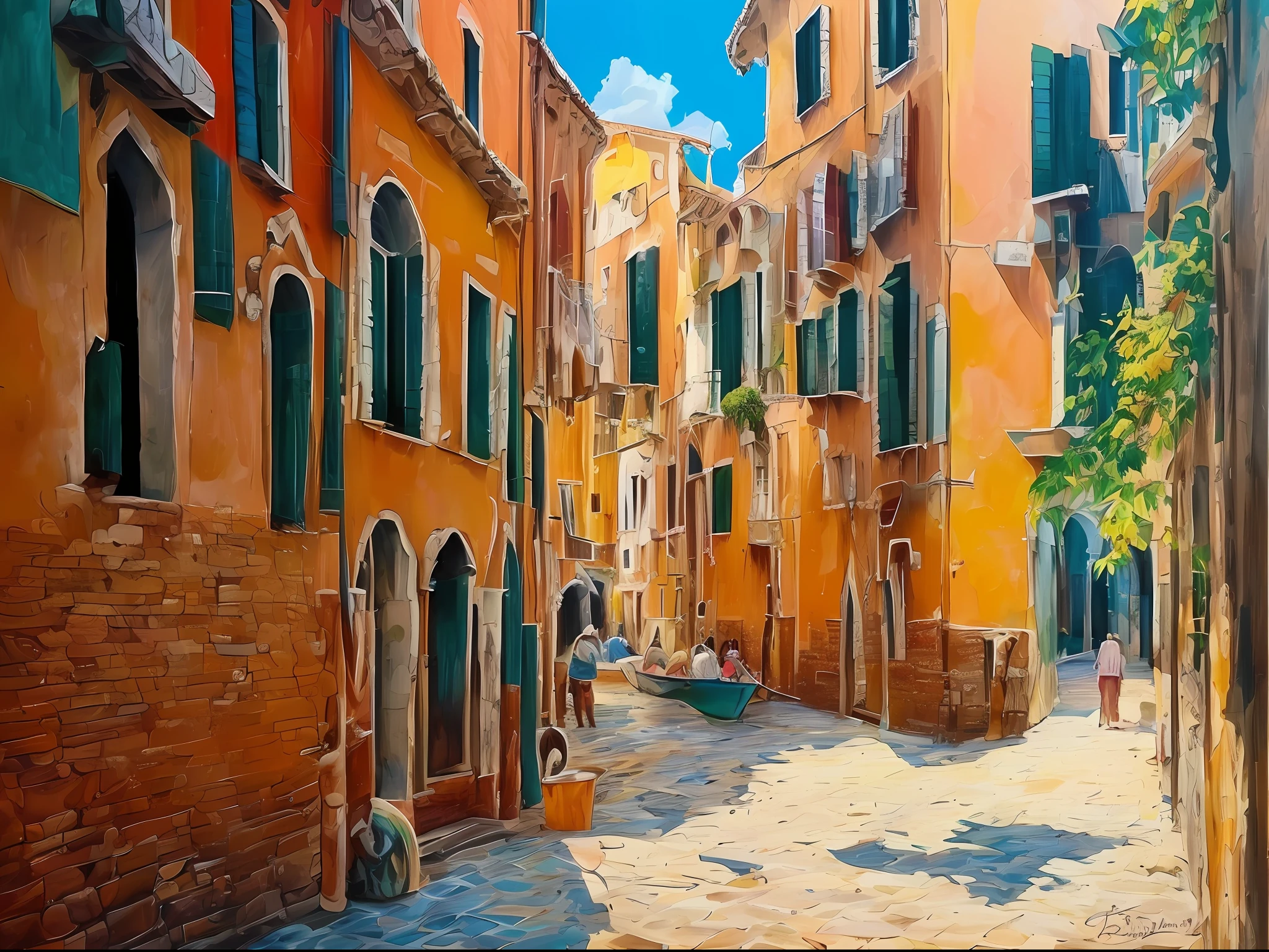 Watercolor painting, Venice, summer time, shade, in the style of Prafull Sawant.