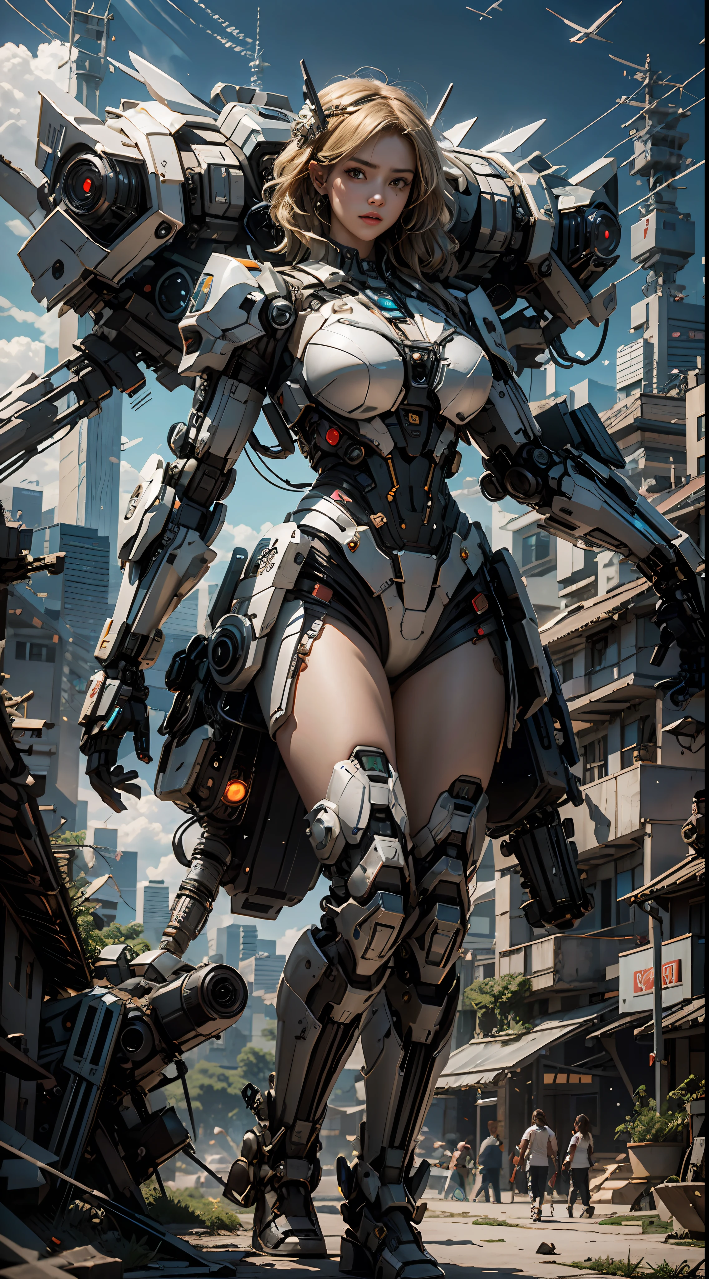 ((Melhor Qualidade)), ((Obra-prima)), (Muito Detalhado:1.3), 3D, Shitu-mecha, Beautiful cyberpunk blonde woman wearing a crown with her ruined mecha from a city of forgotten wars, ruas com mecha em tiroteio, longos cabelos prateados, tecnologia sci-fi, HDR (High Dynamic Range), ray tracing, NVIDIA RTX, Super Resolution, Unreal 5, espalhamento subsuperficial, textura PBR, Post-processing, anisotropic filtering, profundidade de campo,  Maximum Sharpness and Sharpness, texturas multicamadas, mapas especulares e de albedo, surface shading, Precise simulation of light-material interactions, perfectly proportions, octane rendering, duotone lighting, baixo ISO, white-balance, rule of thirds, ampla abertura, 8K RAW, subpixels eficientes, Subpixel convolution, glow particles, espalhamento de luz, efeito Tyndall