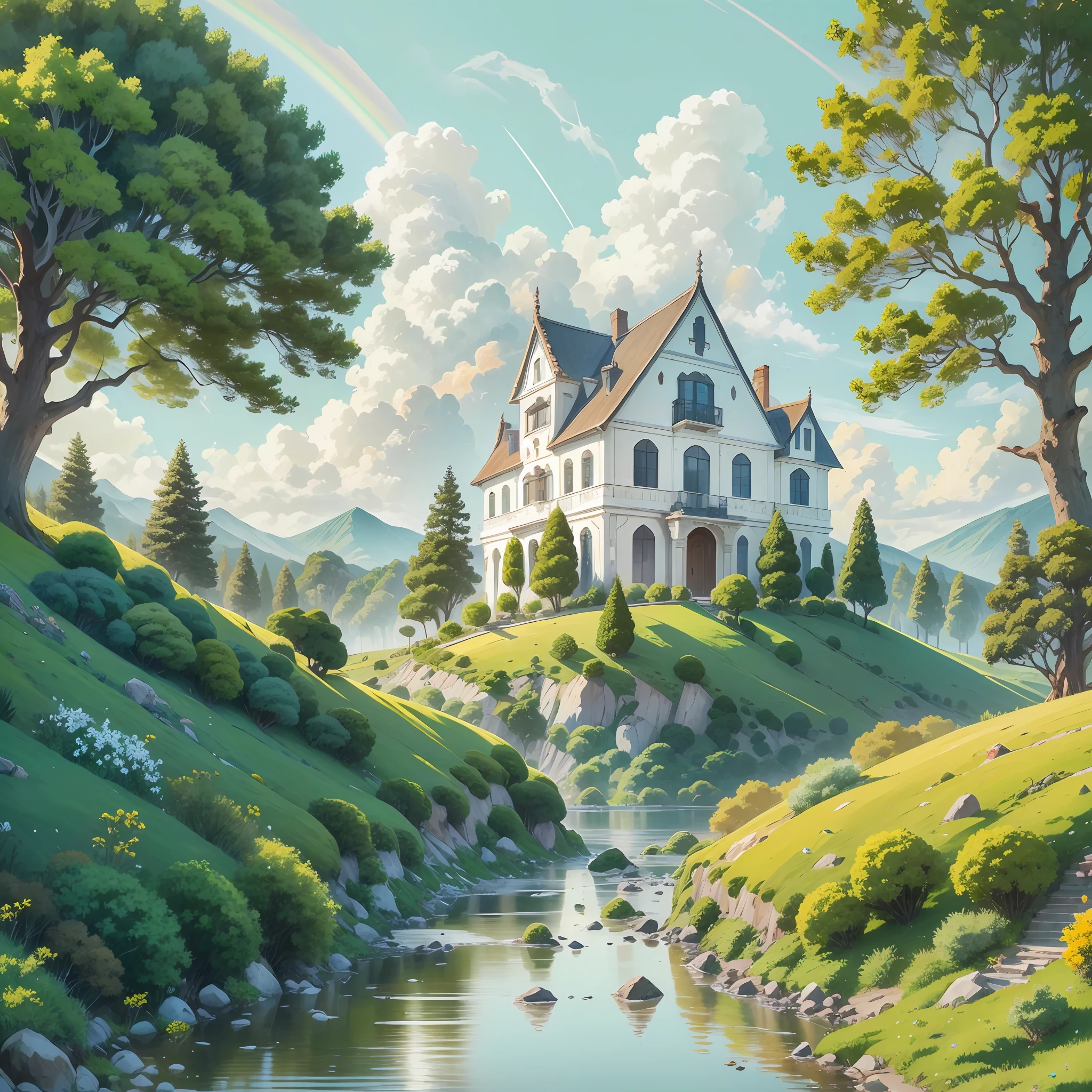 [(fondo blanco:1.5)::5], isometric hexagon O ,Obra maestra, La mejor calidad, Ultra detallado, illustration, paisaje, ultra-high-resolution, (fondo blanco:1.5), No hay humanos, paisaje, tree, al aire libre, Cielo, Hierba, tag, nube, Agua, cielo azul, edificio, Flor, Naturaleza, Casa, bird, ventana, Kali, arbusto , (arco iris:1.1),