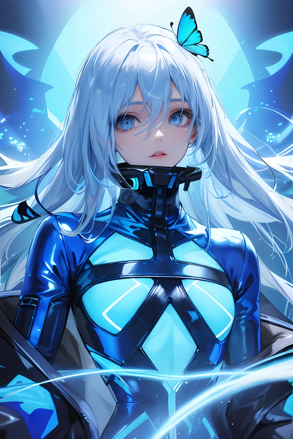 Glowing blue butterfly，Blue skinny latex jacket，agent，1girll，blue colors，Long white hair， Masterpiece, Best quality,A high resolution,Detail enhancement，best qualtiy，Perfect image quality，Cool and elegant，Beautiful and gentle，cyber punk perssonage