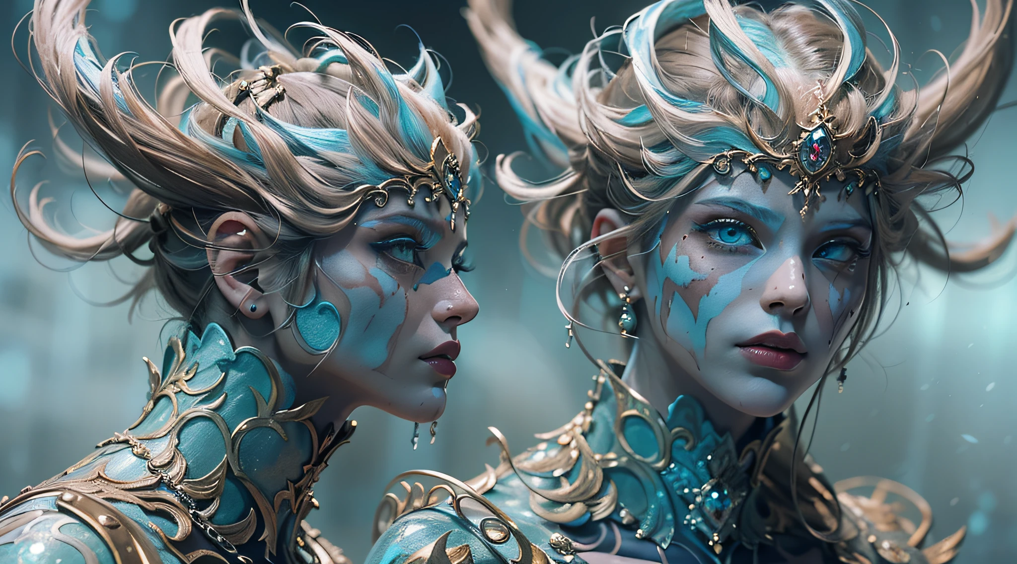 (Numerous award-winning masterpieces, With incredible detail, textures and maximum detail), (hyper realistic:1.4), (Realistic:1.3), (melhor qualidade de pele textura real), (finely detailed true circle Symmetrical eyes), Rosto finamente detalhado, ((Mundo medieval)), (retrato de corpo inteiro:1.7), ((The Lord's Ice Demon)), ((O Diabo Congelado e Frio Extremo do Senhor)), (Queime o olhar gelado brilhante nos olhos), (Ela tem um sorriso travesso no rosto), (Olhos que brilham azuis no escuro:1.8), (Um par de olhos azuis de gelo com luz azul forte emitindo de dentro:1.7), (Full body standing image:1.8), Bio-luminescence, (Gelo e vento forte rodopiando ao fundo), (dramatic light), (A majestic sight), (His countenance is gentle and handsome, mas de alguma forma aterrorizante), Brincos de vidro nas orelhas, (dramatic photo:1.7), ((dramatic pose)), (foto extravagante), (cabelos dourados), (Cabelos prateados), (cabelo castanho), cabelo de corte curto, ((procura para cima)), ((olhando para baixo)), (Around her neck is a simple necklace of exquisite finish), (Bioluminescence with bright brightness:1.3), (Use magia gelada chamativa:1.2), (Gelo e neve rodopiantes), O Grande Templo do Diabo, The Great Devil's Sanctuary, Grande Templo, grande catedral, temple ruins, Templo em destaque, (Luminous magic circle), Ruins of an ancient castle, Masses of bright majestic clouds and sky, raio, epic realistic, desbotado, arte, (Greg Rutkowski:0.8), (teal and orange:0.4), (Artee station:1.5), cinemactic, ((cores neutras)), (HDR:1.5), (cores silenciadas:1.2), hiper detalhado, dramatic light, (detalhes intrincados:1.1), Antecedentes complexos,