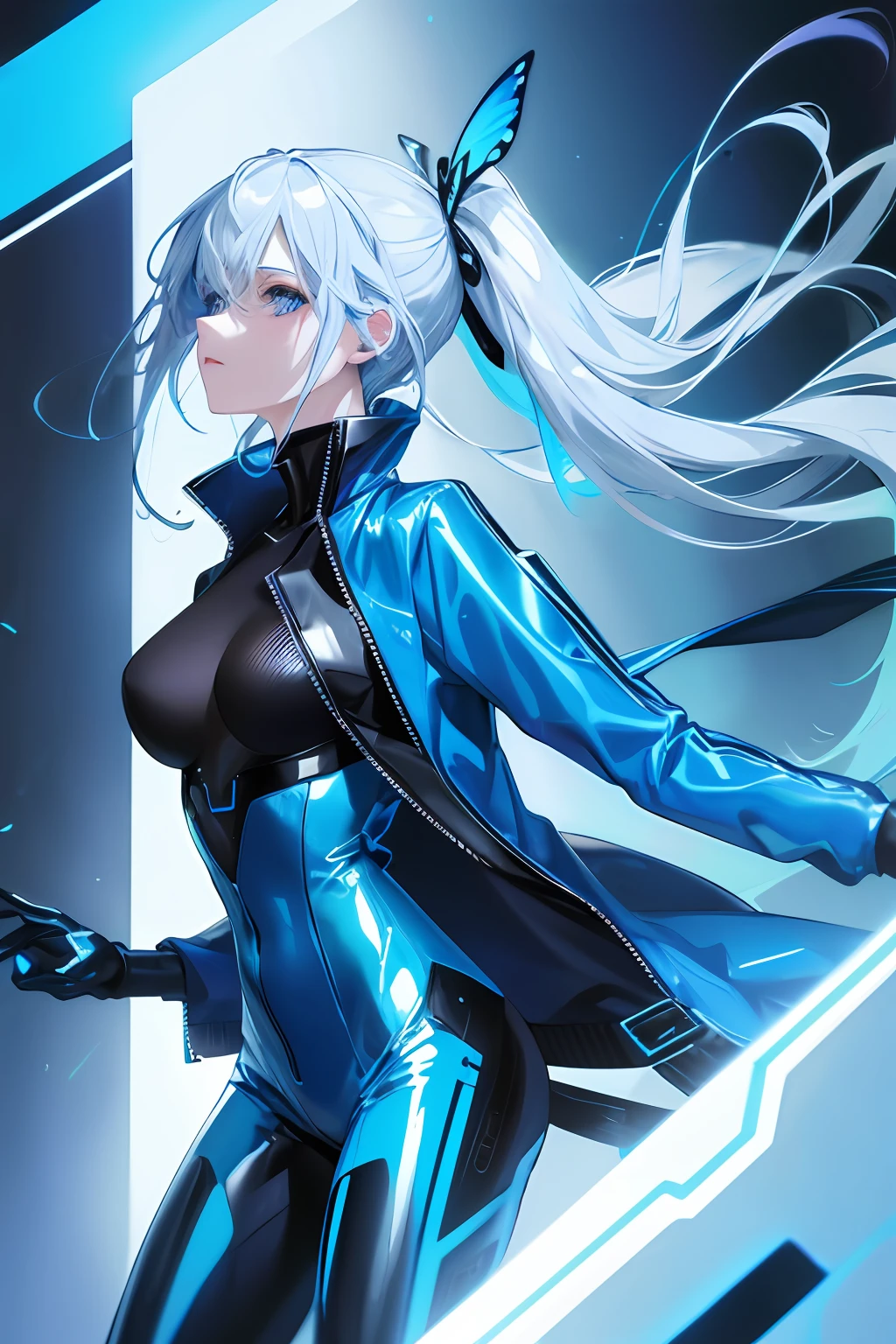Glowing blue butterfly,Blue skinny latex jacket,agent,1girll,blue colors,Long white hair, Masterpiece, Best quality,A high resolution,Detail enhancement,best qualtiy,Perfect image quality,Cool and elegant,Beautiful and gentle,cyber punk perssonage