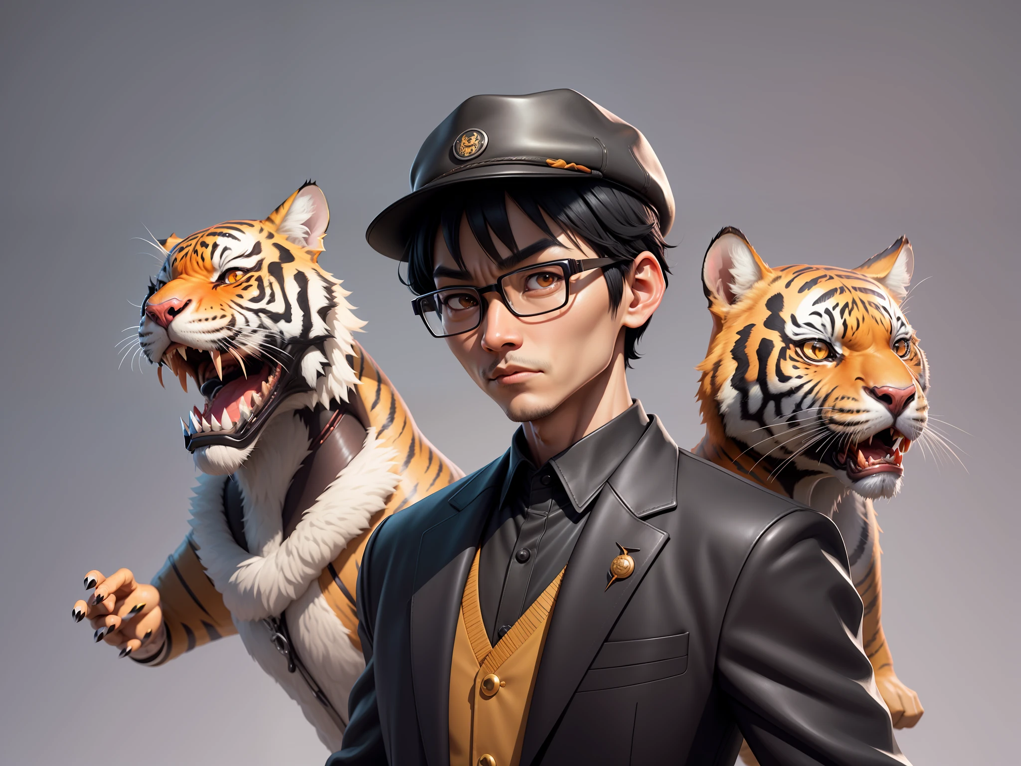 Young man with oriental face in leather hat, tiger, oriental face in formal suit, short black hair, silver glasses, digital painting, 3D character design by Mark Clairedon and Pixar and Hayao Miyazaki and Akira Toriyama, the illustration is a high-definition illustration in 4K resolution with very detailed facial features and cartoon-style visuals.