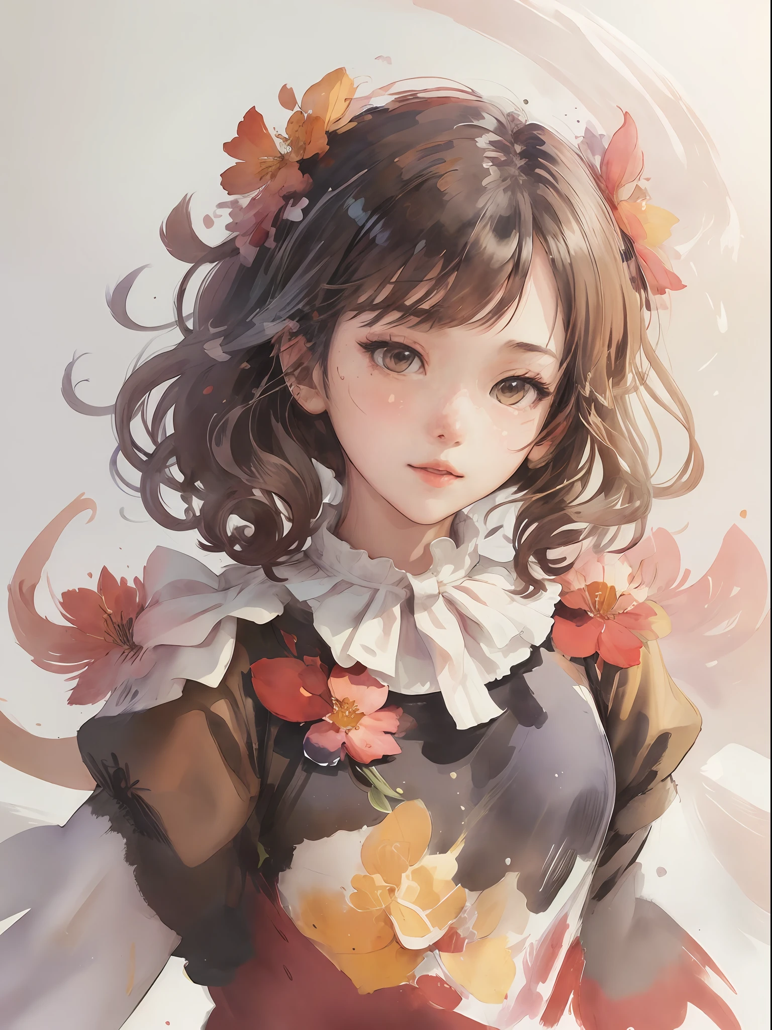 (masutepiece),best quality,Illustration,Art Nouveau,Sumi-e,Portrait,onry_1girl_Face,(White background:1.4),(the Extremely Detailed CG Unity 8K Wallpapers:1.1),(Colorful:0.8),,(Solo:1.2), (Ink splashing),(splashes of colour),((watercolor paiting)),flowers background,Outdoors,boulders,Soft smile,pure,(beautiful),Detailed and complex pattern,colorwater,(Face Focus),Looking at Viewer