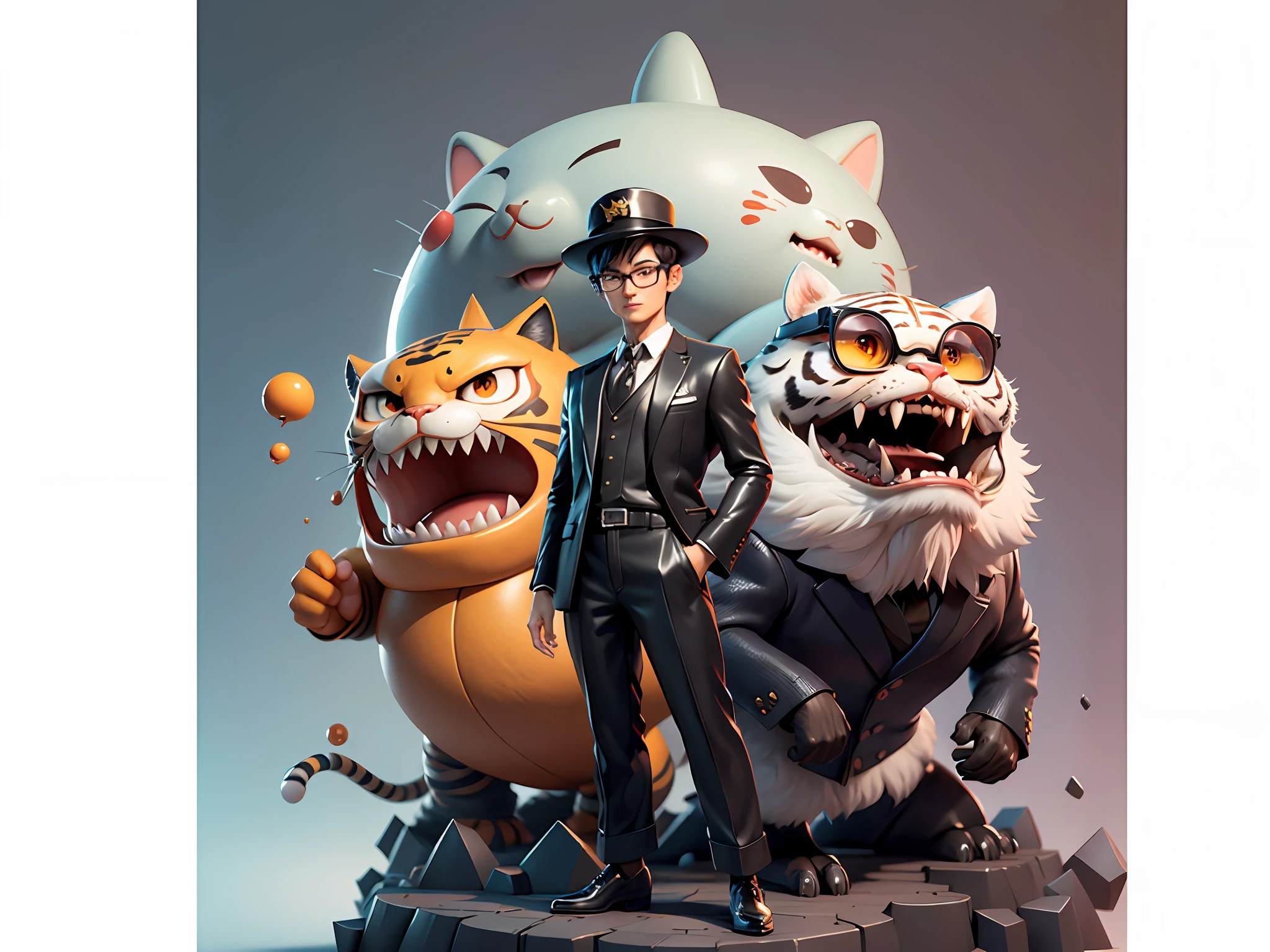 Young man with oriental face in leather hat, tiger, oriental face in formal suit, short black hair, silver glasses, digital painting, 3D character design by Mark Clairedon and Pixar and Hayao Miyazaki and Akira Toriyama, the illustration is a high-definition illustration in 4K resolution with very detailed facial features and cartoon-style visuals.