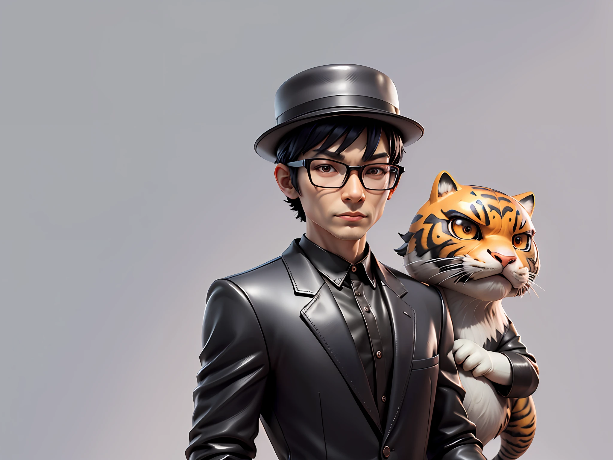 Young man with oriental face in leather hat, tiger, oriental face in formal suit, short black hair, silver glasses, digital painting, 3D character design by Mark Clairedon and Pixar and Hayao Miyazaki and Akira Toriyama, the illustration is a high-definition illustration in 4K resolution with very detailed facial features and cartoon-style visuals.
