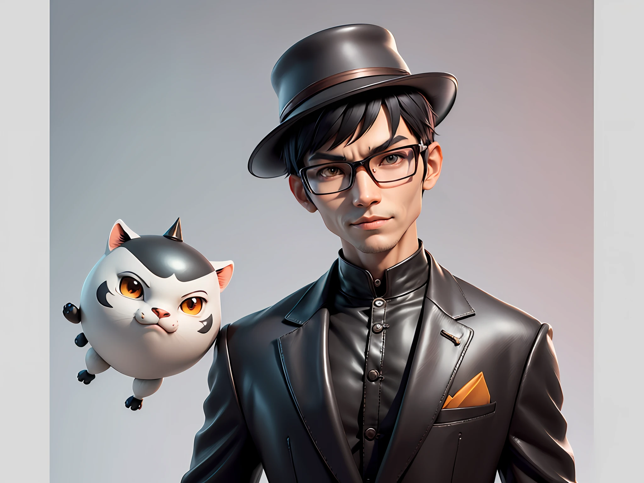 Young man with oriental face in leather hat, tiger, oriental face in formal suit, short black hair, silver glasses, digital painting, 3D character design by Mark Clairedon and Pixar and Hayao Miyazaki and Akira Toriyama, the illustration is a high-definition illustration in 4K resolution with very detailed facial features and cartoon-style visuals.