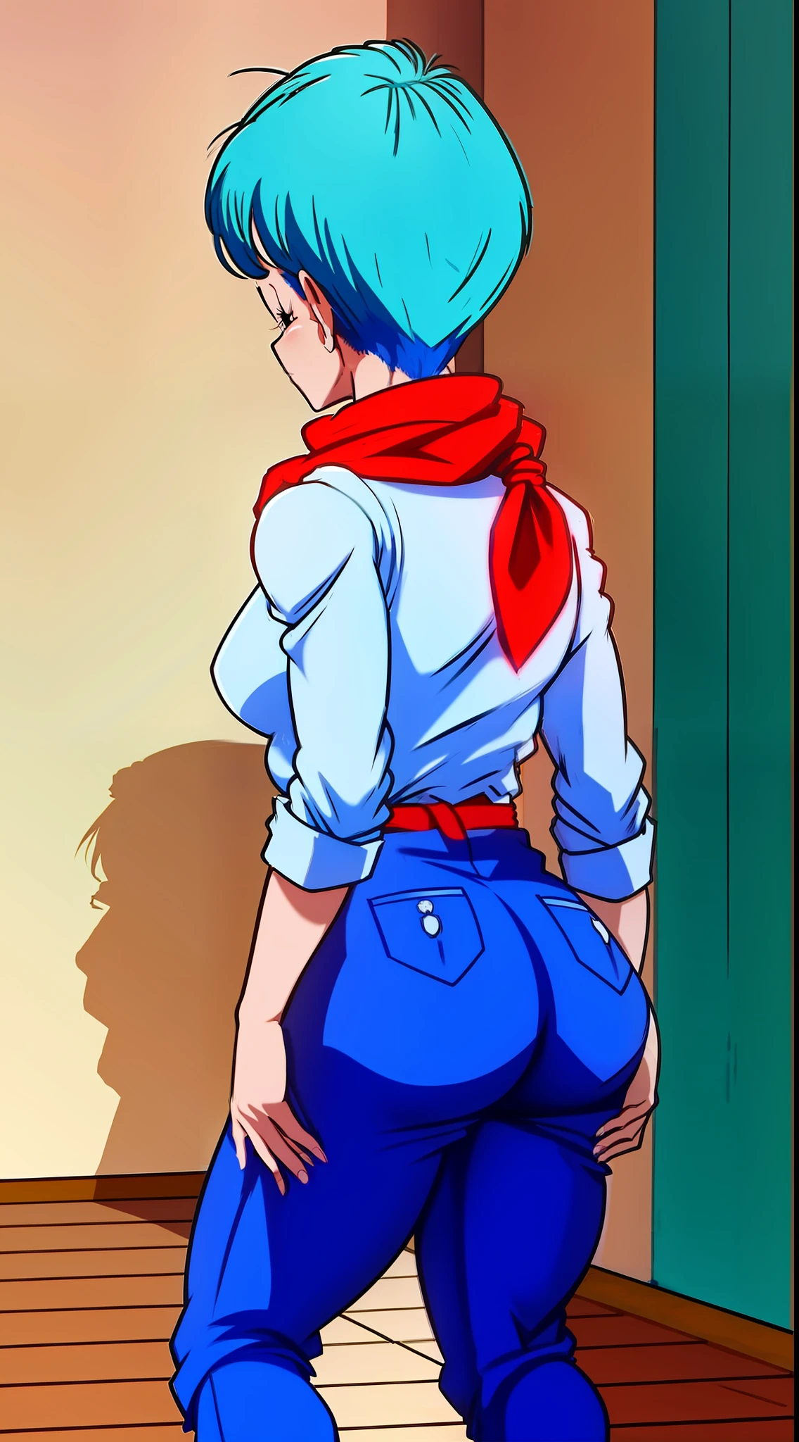 Bulma dressed in blue pants, white shirt and red scarf around his neck showing off his ass in a back position, bunda detalhada, bunda volumosa,focar na bunda, sapatos detalhados, corpo detalhado,focar nas costas, rosto detalhado, roupa detalhada,Full HD,Desenho anime,detailed shirt , Detailed pants