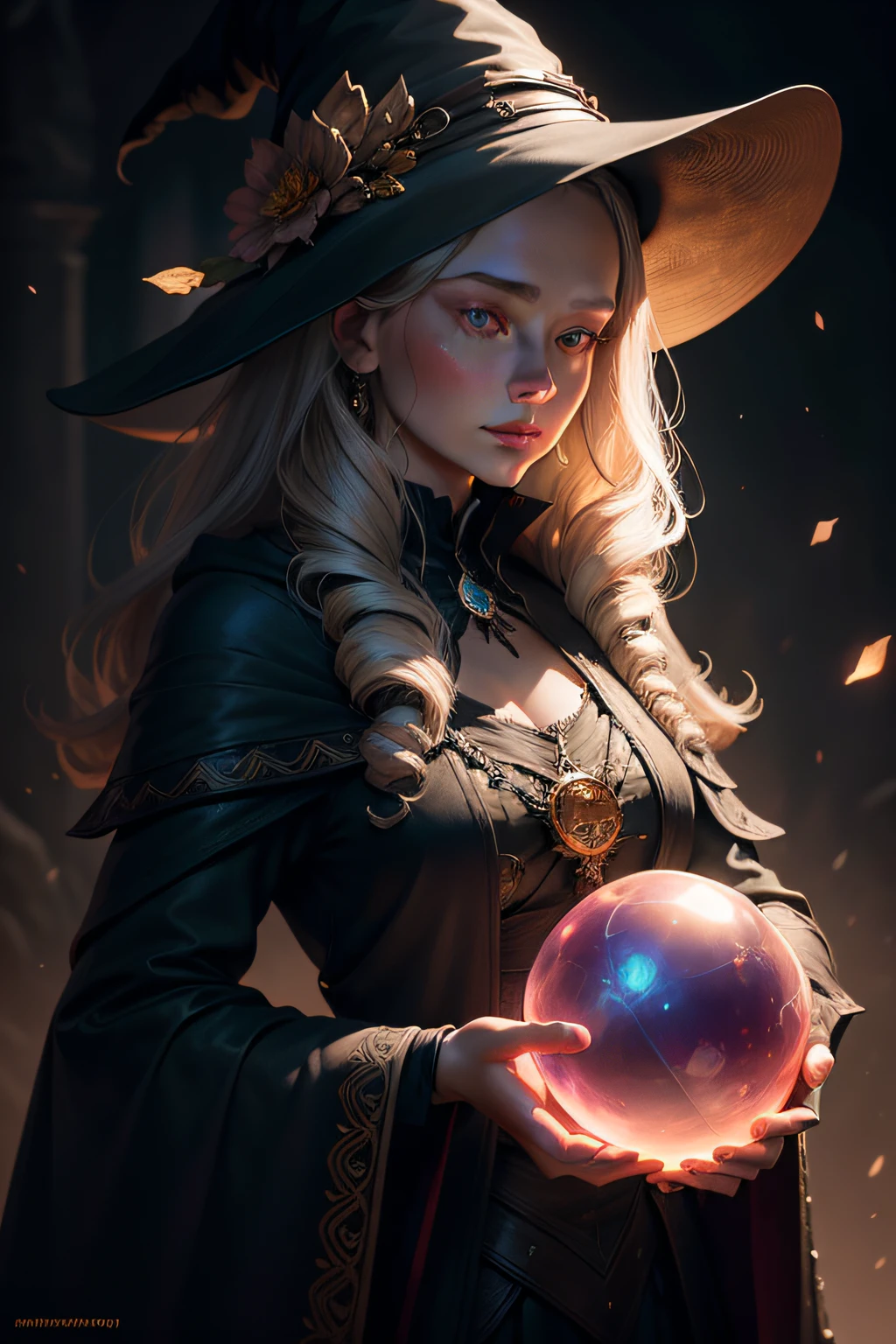 portrait of a young lady witch, holding a crystal glowing ball in front of her, dark background, highly detailed, digital painting, artstation, concept art, smooth, sharp focus, illustration, unreal engine 5, 8k
