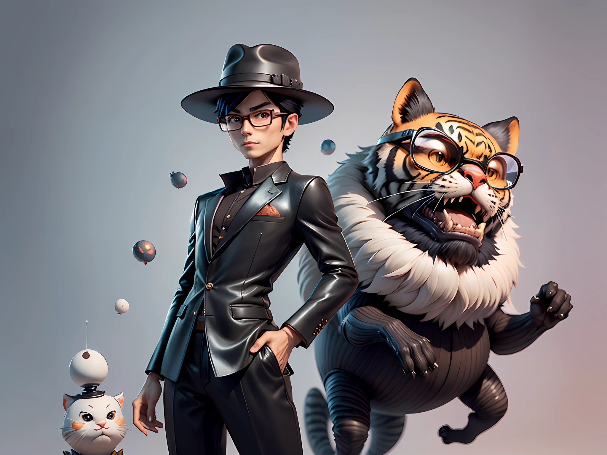 Young man with oriental face in leather hat, tiger, oriental face in formal suit, short black hair, silver glasses, digital painting, 3D character design by Mark Clairedon and Pixar and Hayao Miyazaki and Akira Toriyama, the illustration is a high-definition illustration in 4K resolution with very detailed facial features and cartoon-style visuals.