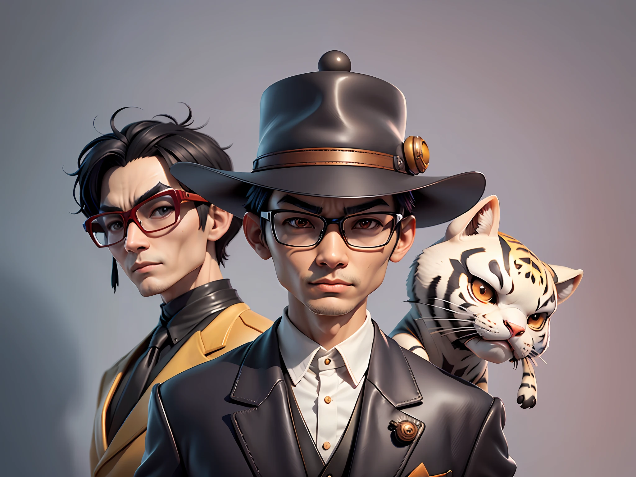 Young man with oriental face in leather hat, tiger, oriental face in formal suit, short black hair, silver glasses, digital painting, 3D character design by Mark Clairedon and Pixar and Hayao Miyazaki and Akira Toriyama, the illustration is a high-definition illustration in 4K resolution with very detailed facial features and cartoon-style visuals.