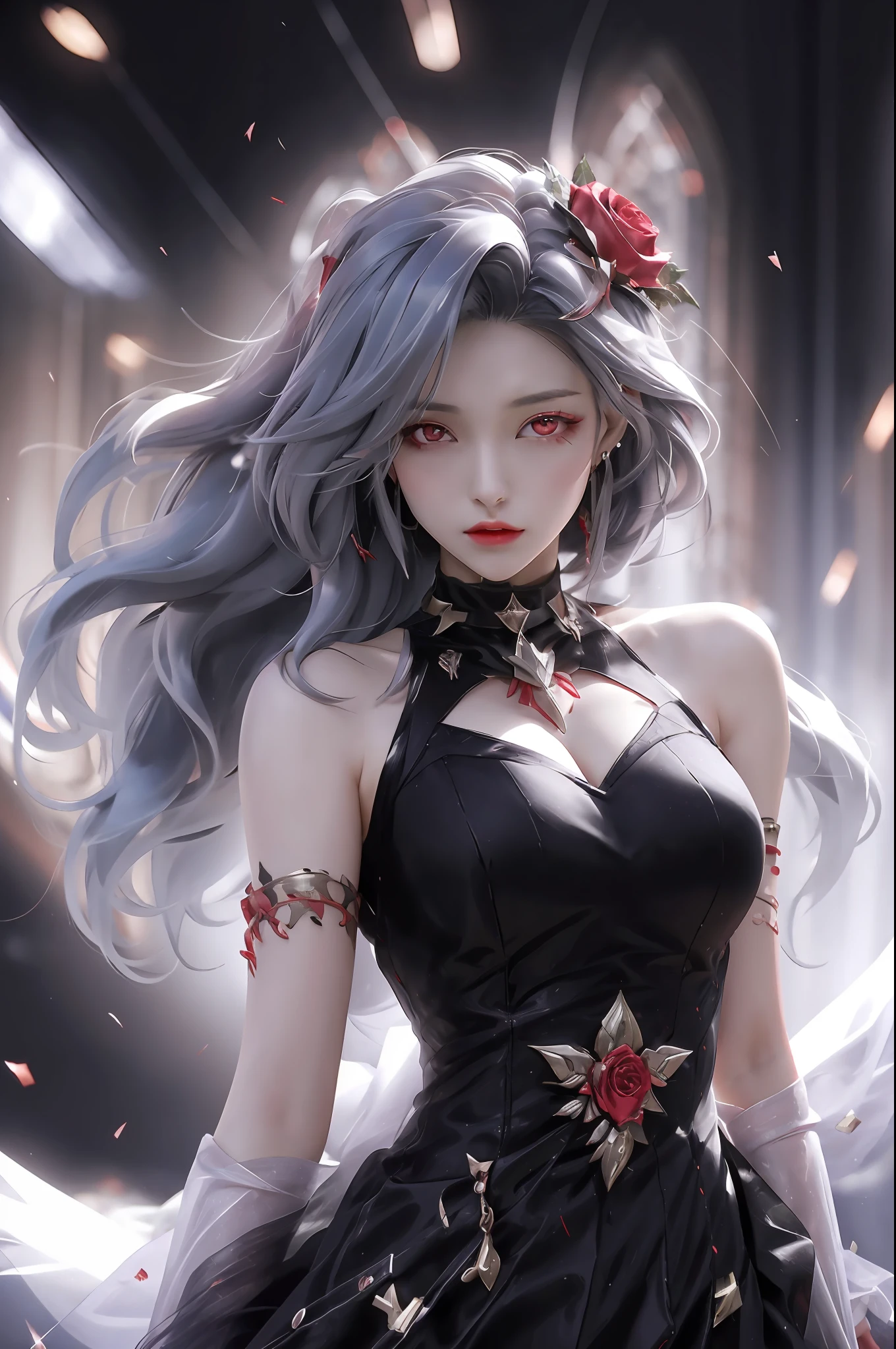 best quality, 1girl, solo, long hair, black dress, looking at viewer, upper body, gray hair, roses in hair, blood red eyes, stretcher missing