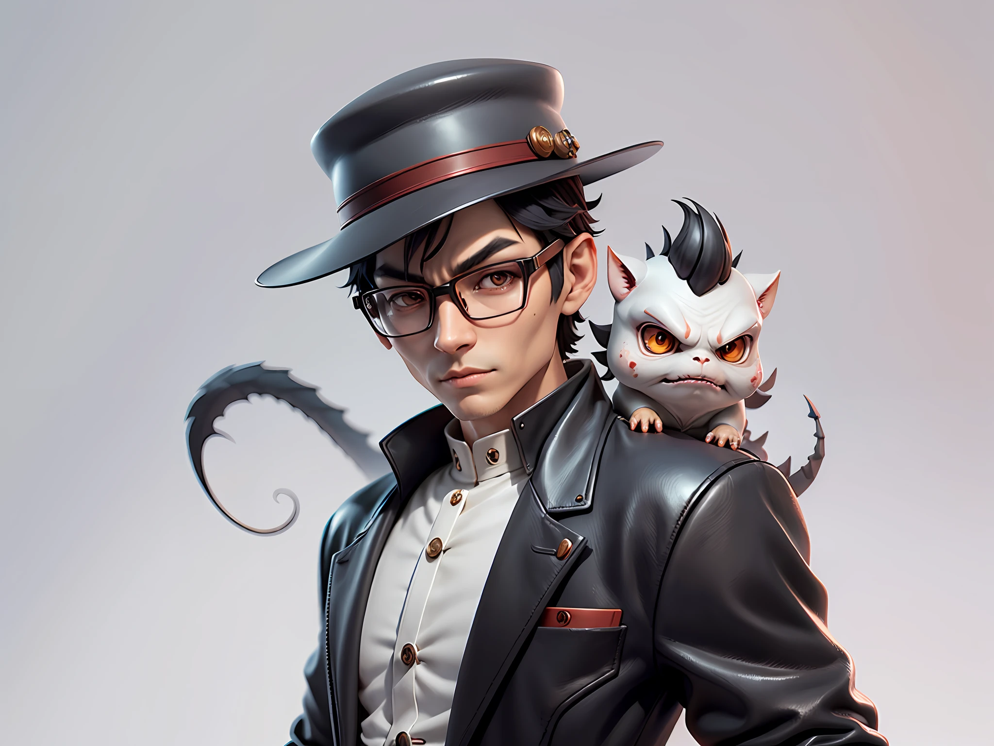 Young man with oriental face in leather hat, dragon, formal suit, short black hair, silver glasses, digital painting, 3D character design by Mark Clairedon and Pixar and Hayao Miyazaki and Akira Toriyama, the illustration is a high-definition illustration in 4K resolution with very detailed facial features and cartoon-style visuals.