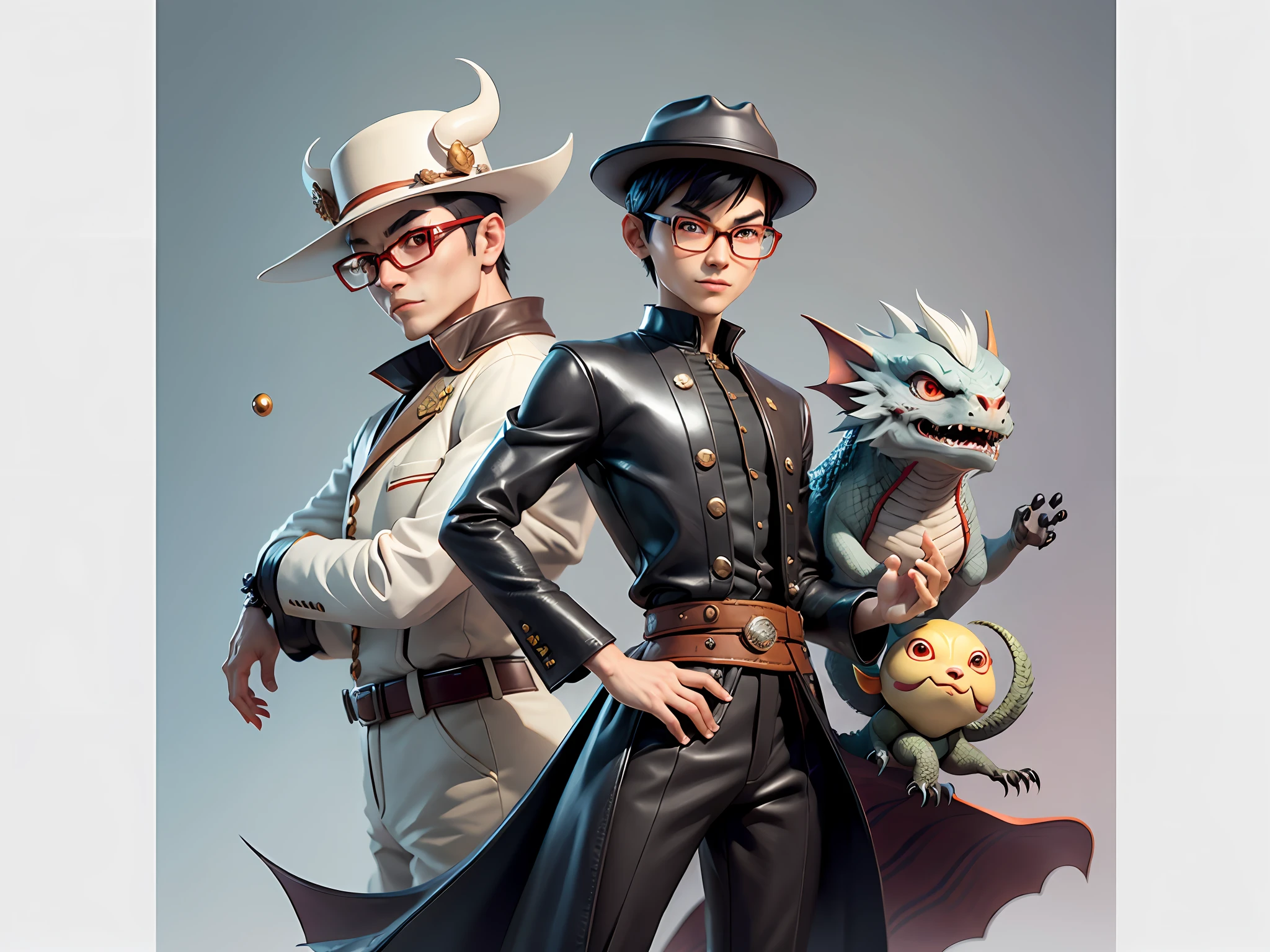 Young man with oriental face in leather hat, dragon, formal suit, short black hair, silver glasses, digital painting, 3D character design by Mark Clairedon and Pixar and Hayao Miyazaki and Akira Toriyama, the illustration is a high-definition illustration in 4K resolution with very detailed facial features and cartoon-style visuals.
