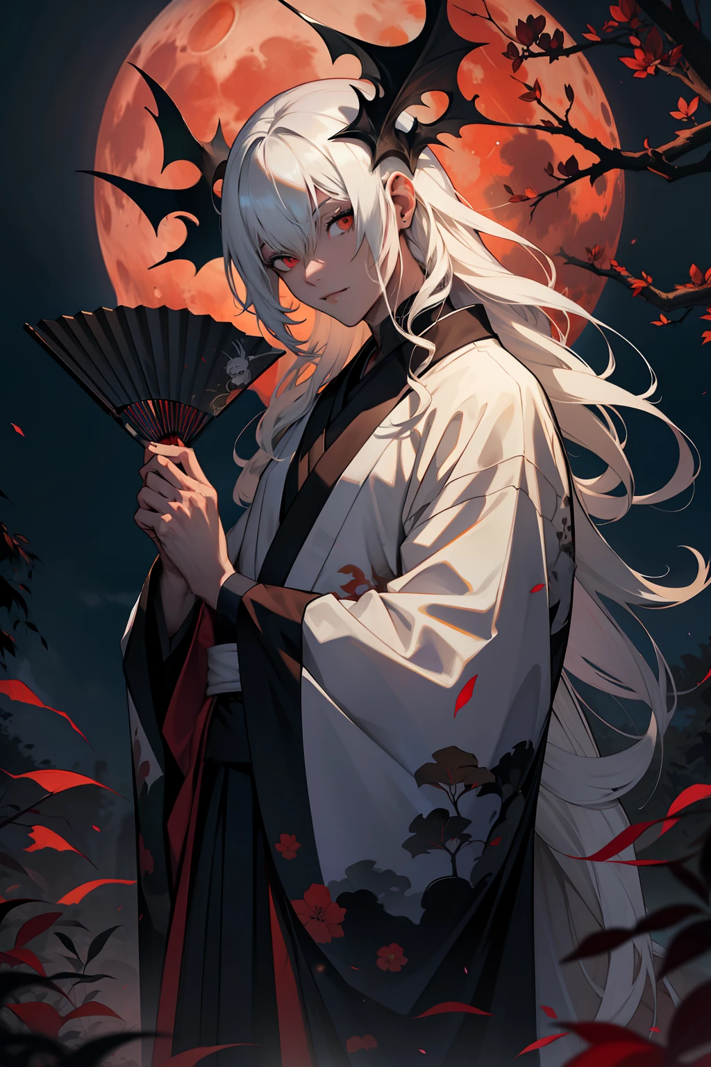 (melhor qualidade)), ((obra-prima)), (altamente detalhado:1.3) pale, slender man resembling Count D (petshop of horrors) with long, curly white hair that reaches to the floor and red eyes with a luxurious kimono, holding a fan lying on the thick branches of a white tree at night on a red moon night, rosto delicado, androgynous, rosto detalhado