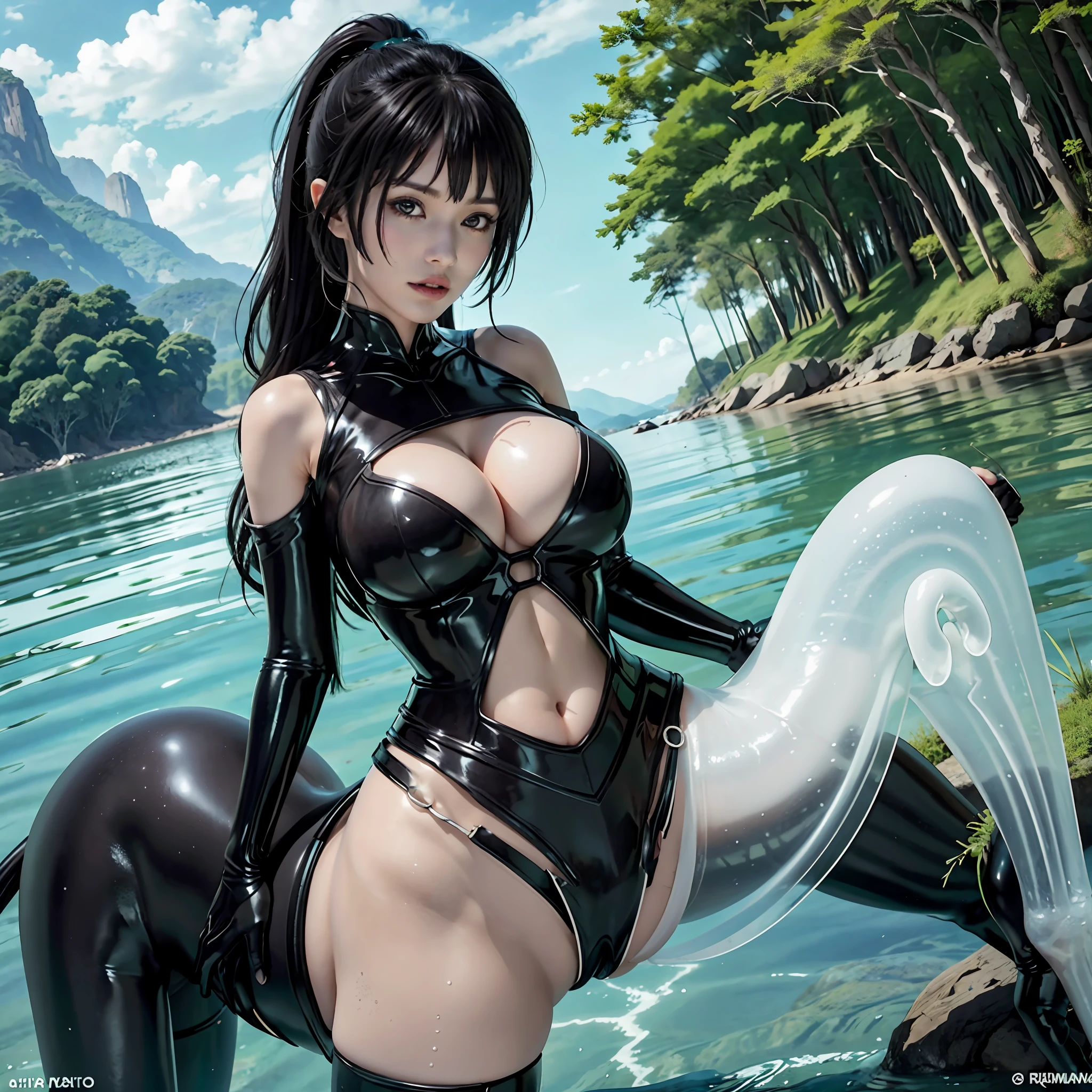 obra maestra, 8k, extremadamente detallado, mejor definicion, quorra centaur, vista desde el frente, (gigantic breasts:1.2), hombros desnudos, ponytail, extreme long hair, cabello multicolor entre negro y morado, damp skin, con las piernas en el agua en rio cristalino transparente, ropa transparente