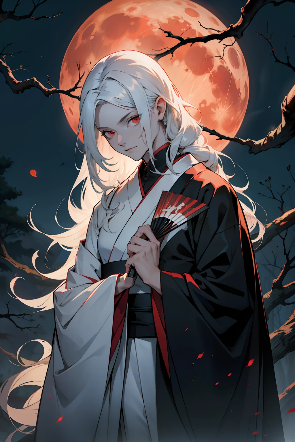 (melhor qualidade)), ((obra-prima)), (altamente detalhado:1.3) pale, slender man resembling Count D (petshop of horrors) with long, curly white hair that reaches to the floor and red eyes with a luxurious kimono, holding a fan lying on the thick branches of a white tree at night on a red moon night, rosto delicado, androgynous, rosto detalhado