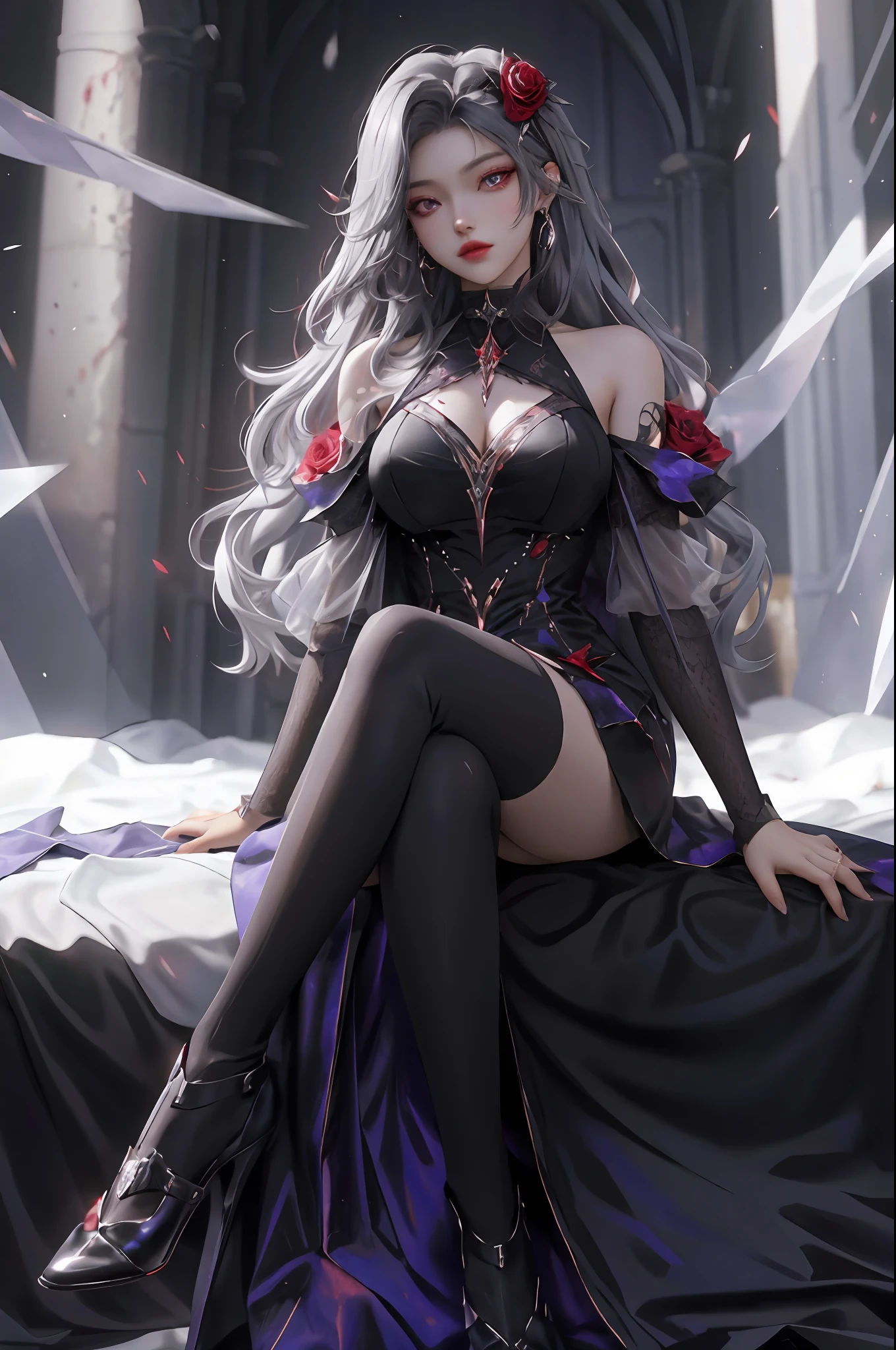 best quality, 1girl, solo, long hair, black dress, looking at viewer, upper body, gray hair, roses in hair, blood red eyes, stretcher missing