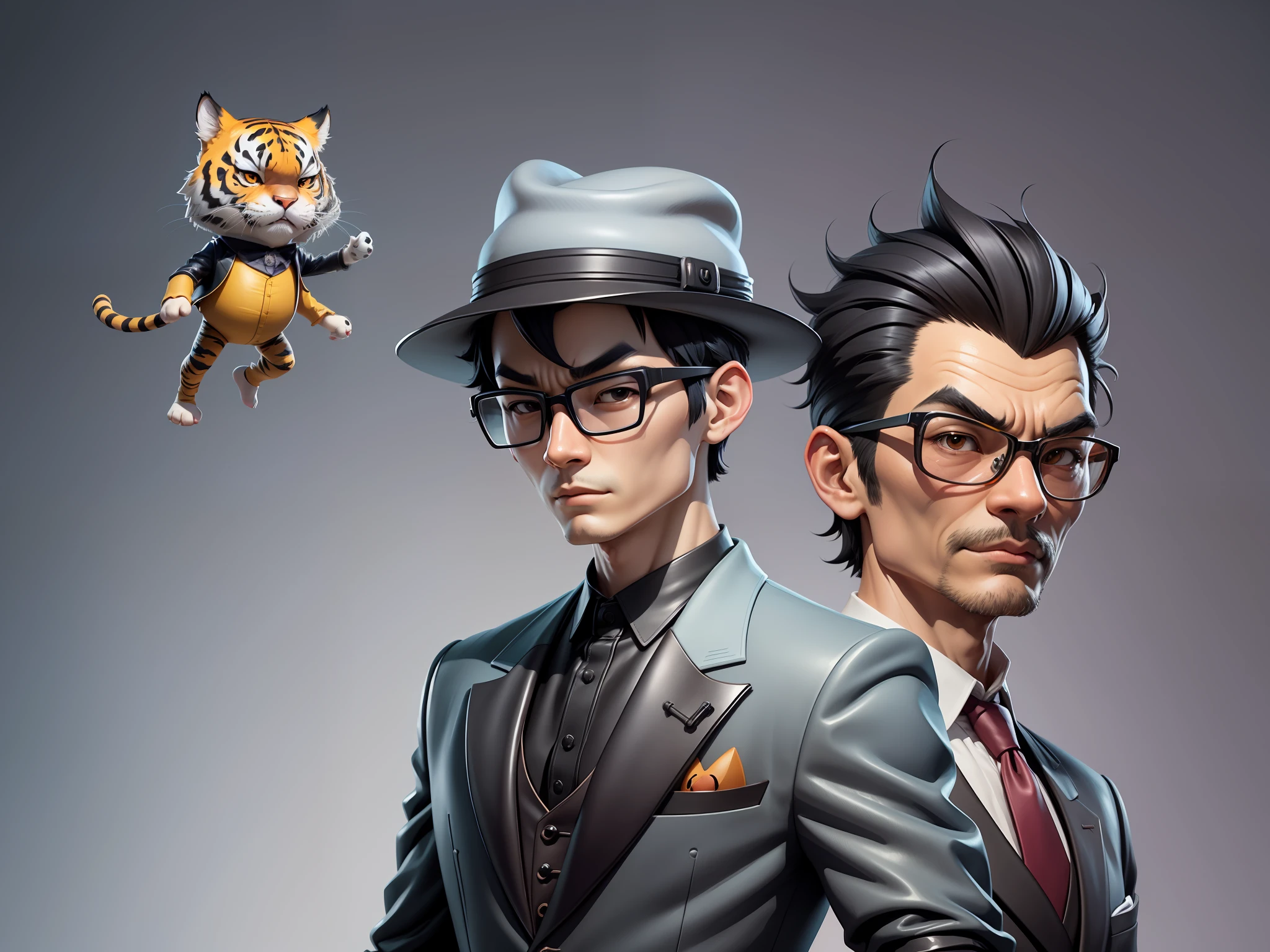 Young man with oriental face in leather hat, tiger, oriental face in formal suit, short black hair, silver glasses, digital painting, 3D character design by Mark Clairedon and Pixar and Hayao Miyazaki and Akira Toriyama, the illustration is a high-definition illustration in 4K resolution with very detailed facial features and cartoon-style visuals.