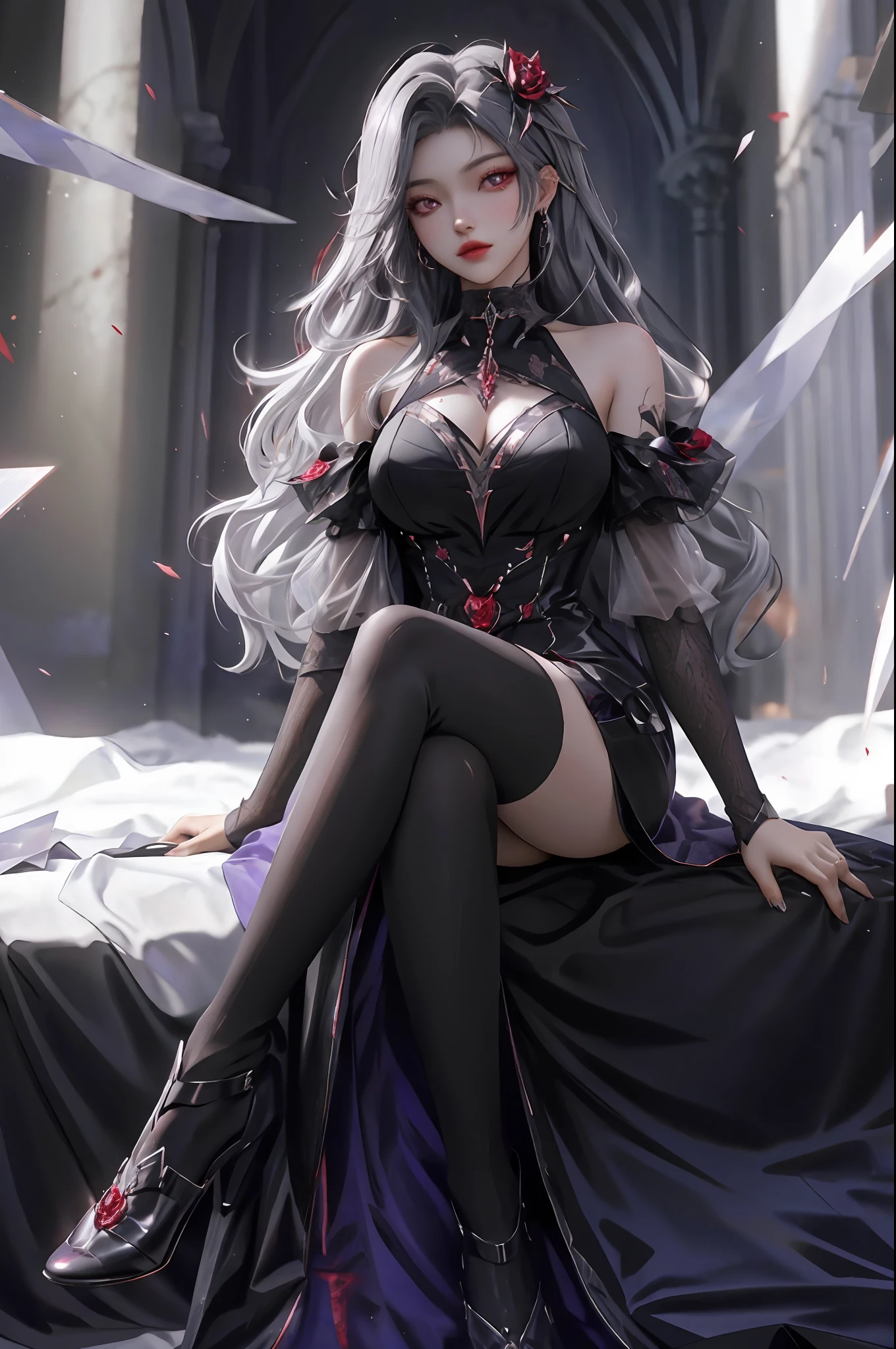 best quality, 1girl, solo, long hair, black dress, looking at viewer, upper body, gray hair, roses in hair, blood red eyes, stretcher missing