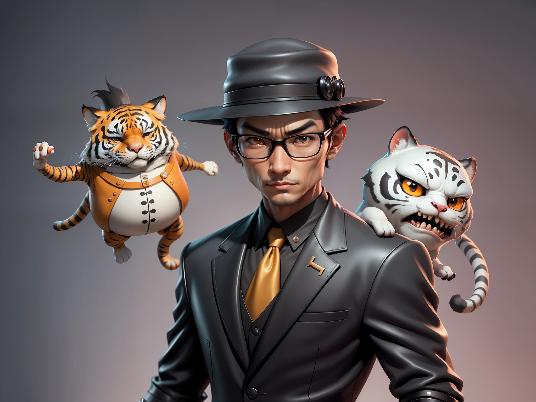 Young man with oriental face in leather hat, tiger, oriental face in formal suit, short black hair, silver glasses, digital painting, 3D character design by Mark Clairedon and Pixar and Hayao Miyazaki and Akira Toriyama, the illustration is a high-definition illustration in 4K resolution with very detailed facial features and cartoon-style visuals.