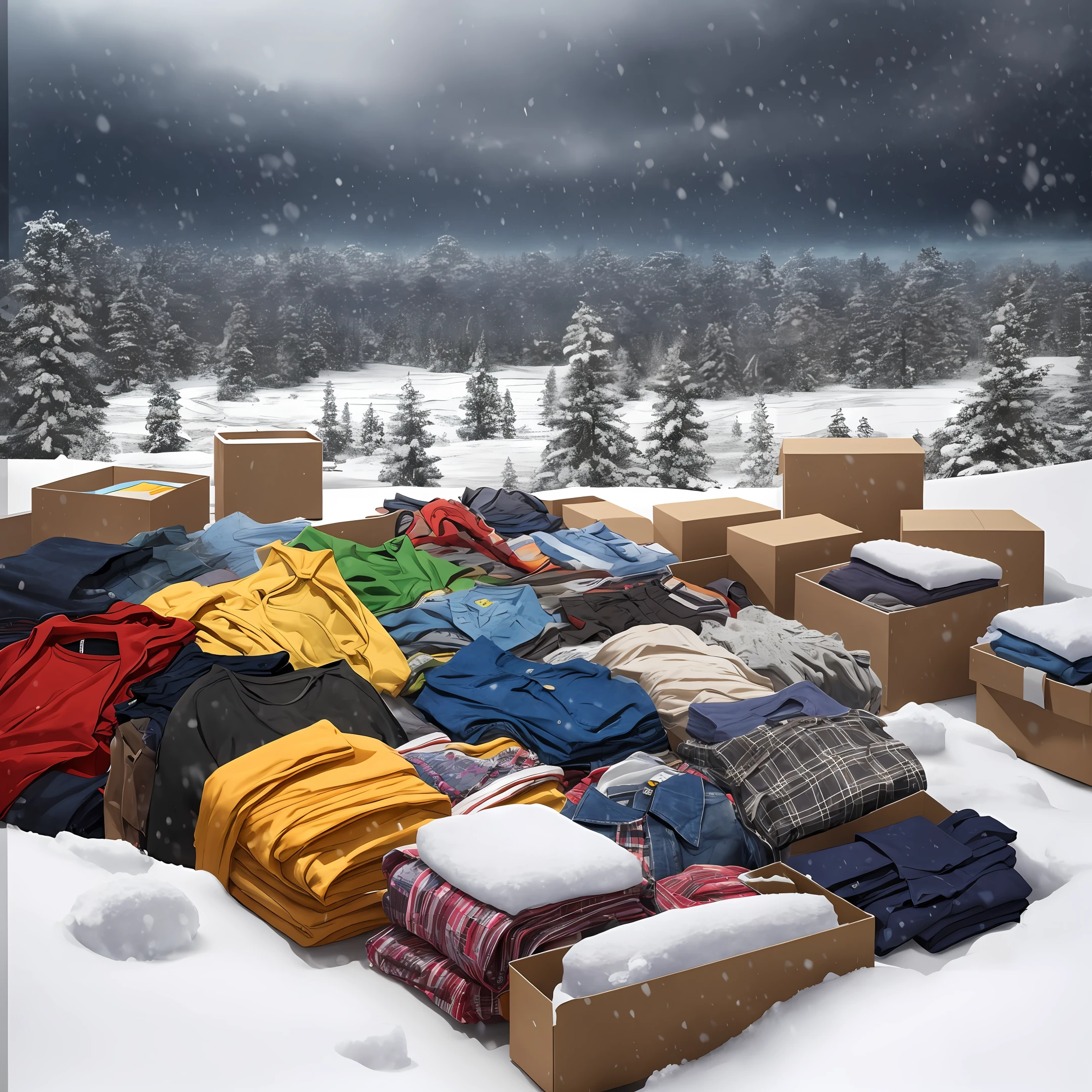 Clothes crammed into boxes, overflowing out, countless shirts, pants and outerwear, snowstorm background, full HD, 3D, 4K, ultra realistic, ultra detailed, hyper realism, hyper perfectionist. --auto --s2