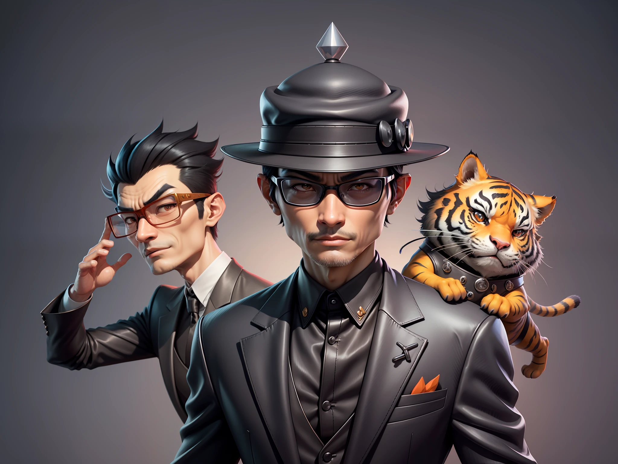 Young man with oriental face in leather hat, tiger, oriental face in formal suit, short black hair, silver glasses, digital painting, 3D character design by Mark Clairedon and Pixar and Hayao Miyazaki and Akira Toriyama, the illustration is a high-definition illustration in 4K resolution with very detailed facial features and cartoon-style visuals.