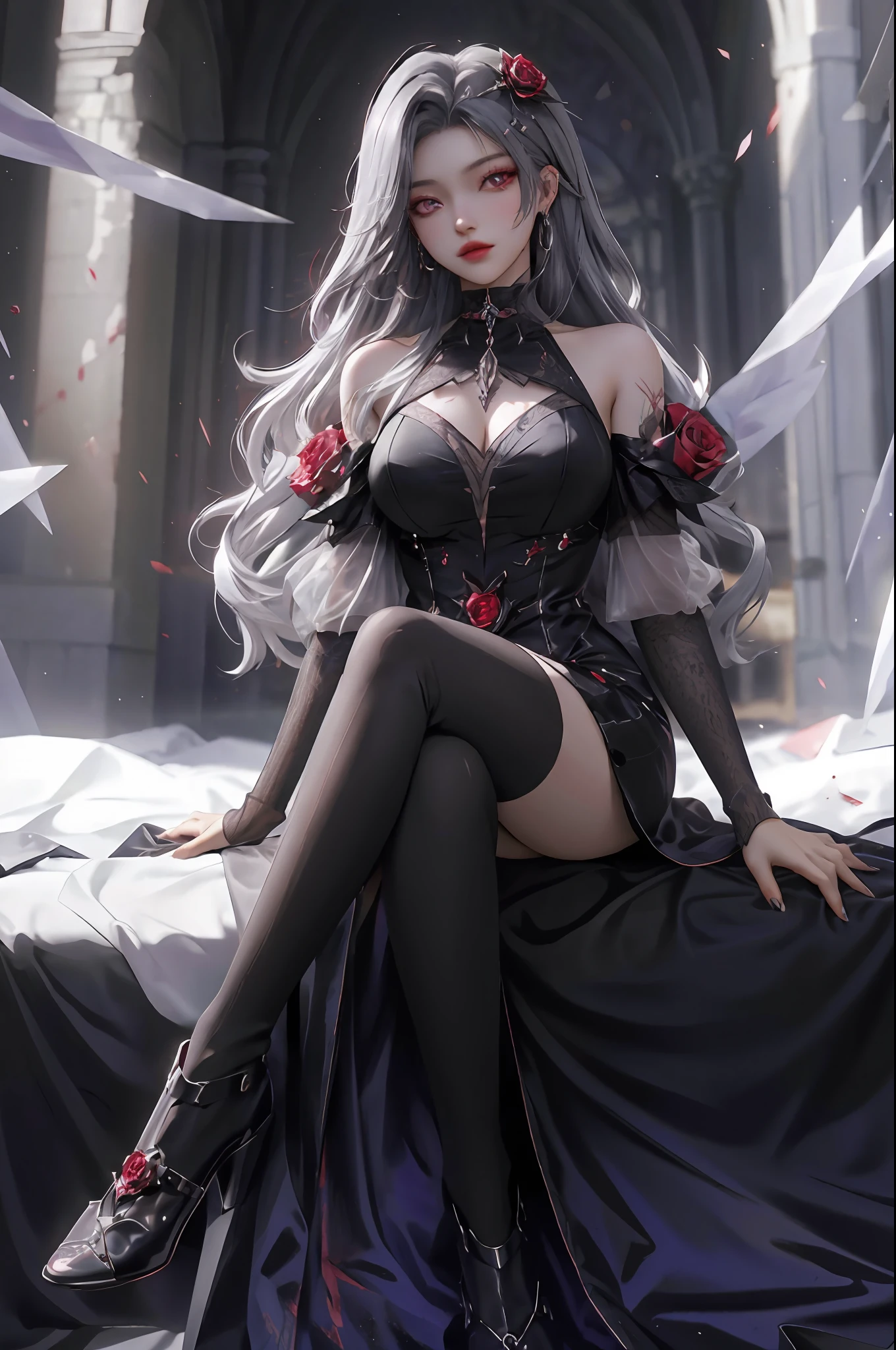 best quality, 1girl, solo, long hair, black dress, looking at viewer, upper body, gray hair, roses in hair, blood red eyes, stretcher missing