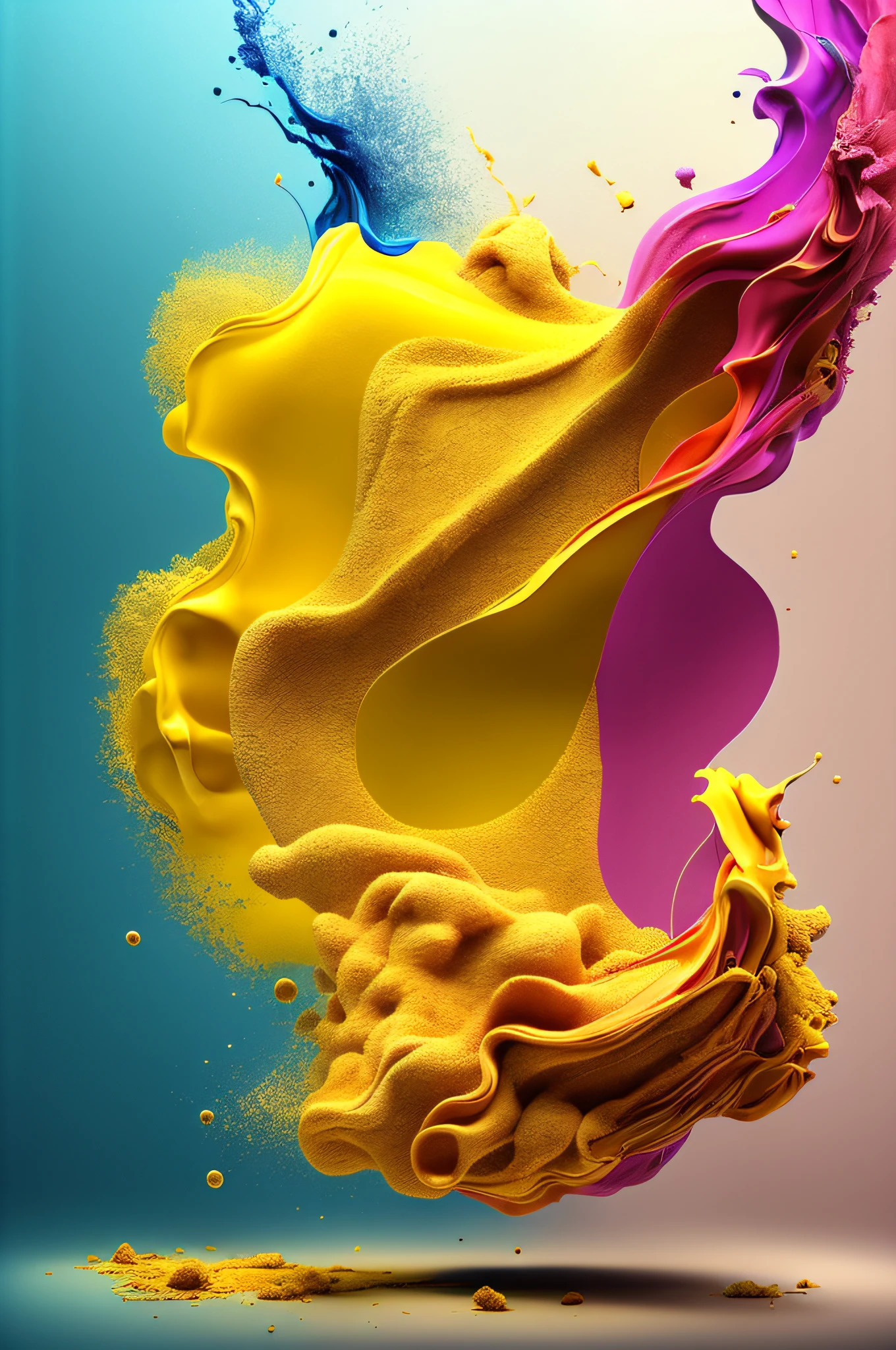 (level difference: 1.8), (tinta colidindo e respingando na tela), (profundidade de campo), (cor plana: 1.1, (tema amarelo)), 1 menina, gritando, cartaz de propaganda, corpo inteiro, vento forte, heavy smoke, (Liquid ink rainbow hair: 1.1) feito de tinta e desafia a gravidade, fluxo espesso, (respingo de tinta: 1.3), liquid state, incrivelmente bonito, obra-prima, fundo detalhado, modelo de ultra alta qualidade, ethereal background, beleza abstrata, explosive volumetric, oil-painting, heavy strokes, Romantic lighting, sub-surface Scatterring, brilho, 8k, alta resolução, sonhador, ray tracing, hdr,