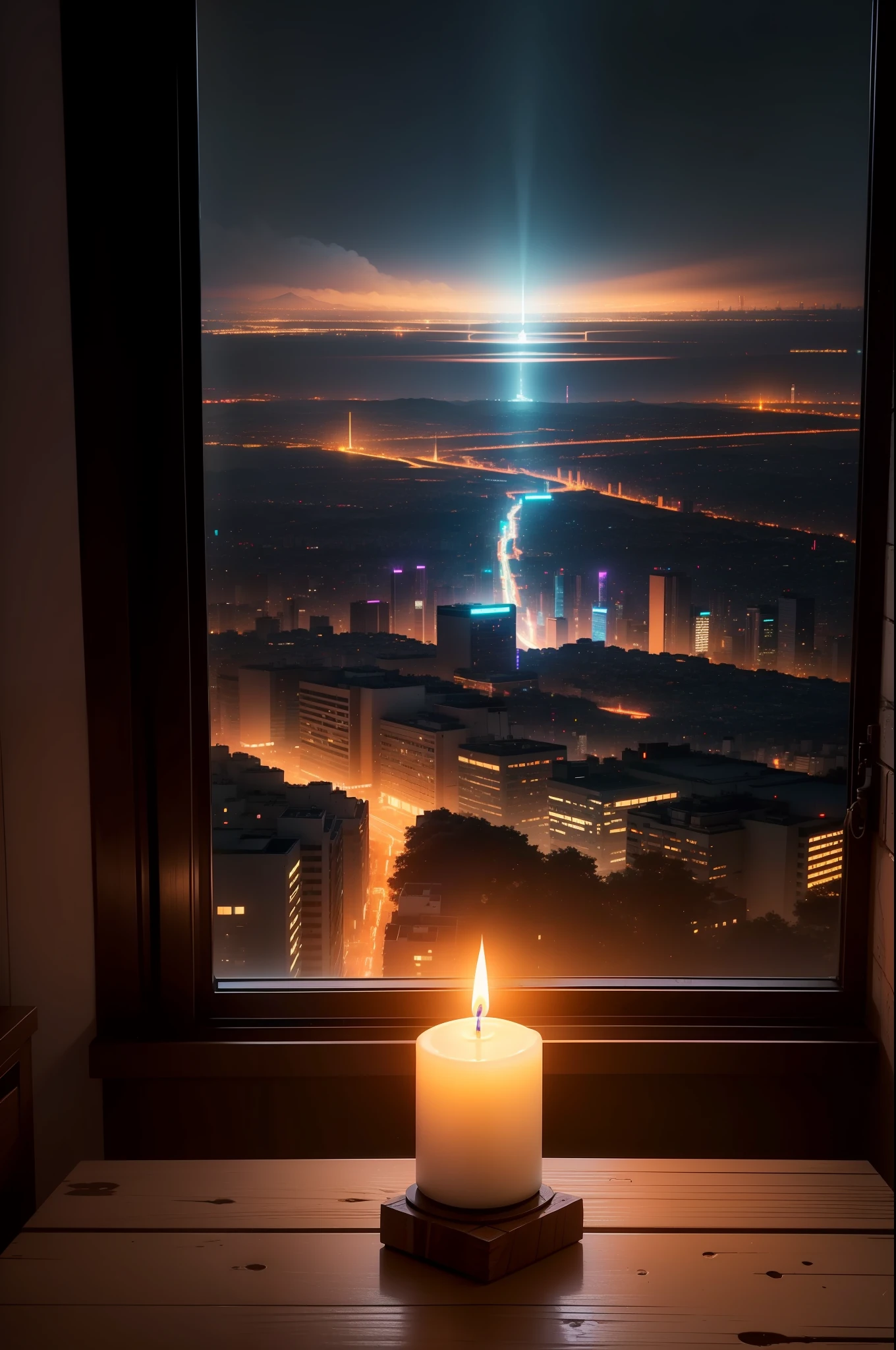 A detailed scene of a lone lit candle amidst a neon-lit cyberpunk cityscape, the candle placed on a weathered wooden table in a small apartment room with large panoramic windows showcasing the sprawling city below,